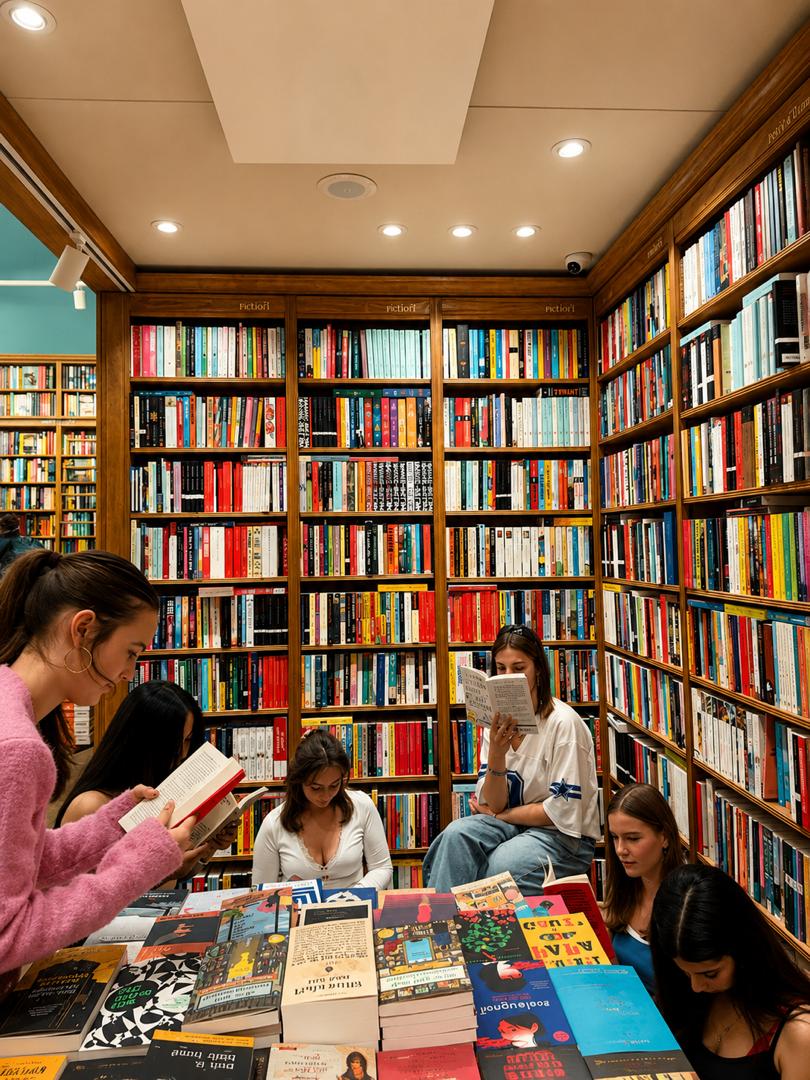 Literary community members reading and discussing books together in a library