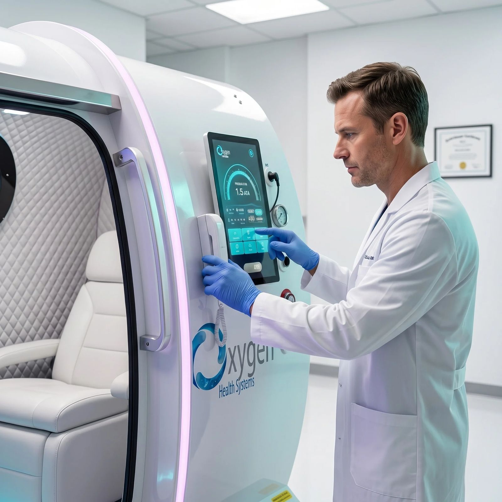 Doctor operating hyperbaric chamber touchscreen interface