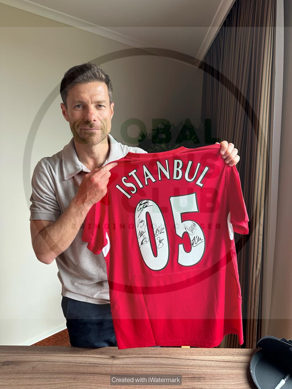 Xabi Alonso with Istanbul 2005 signed shirt