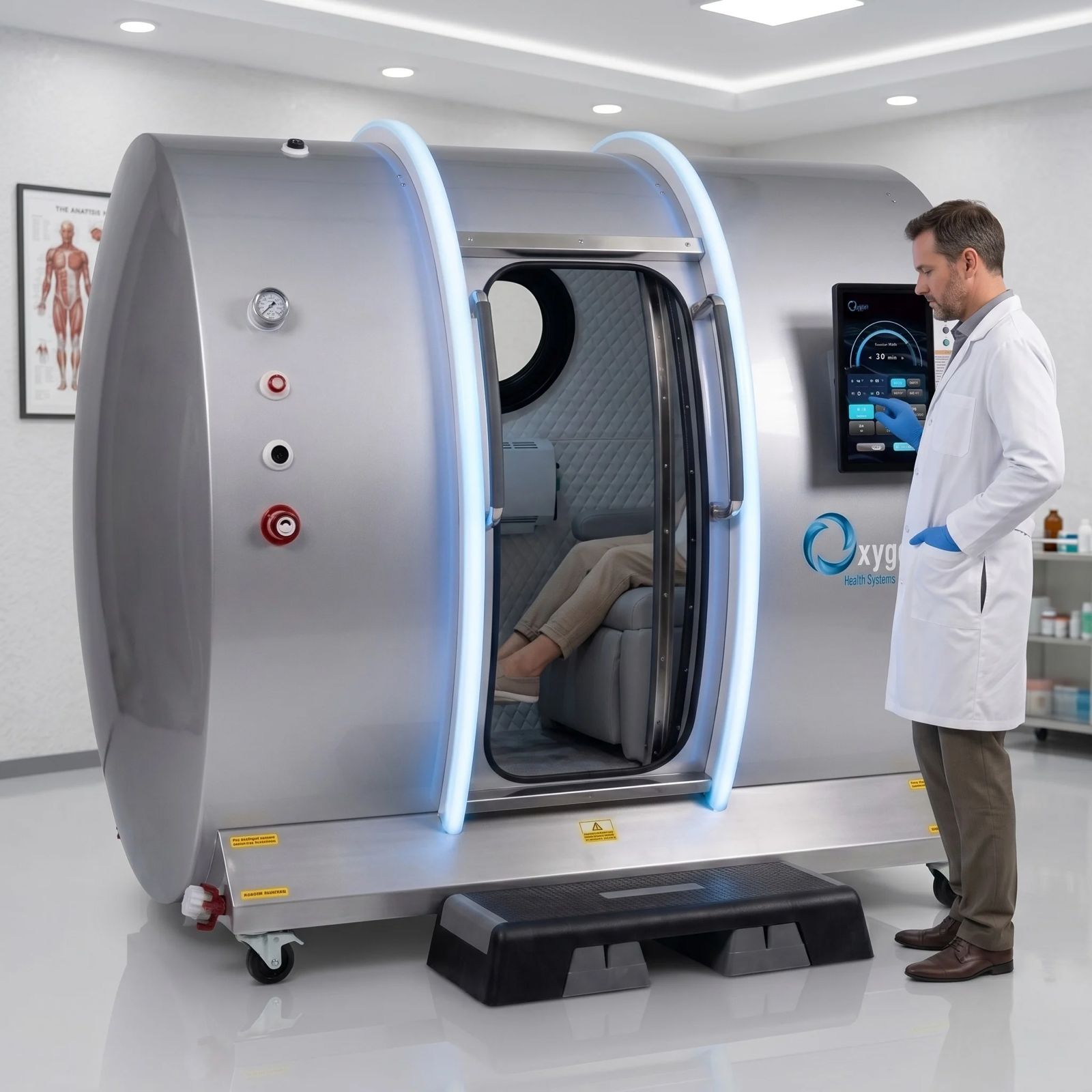 Hyperbaric chamber with patient and doctor operating controls