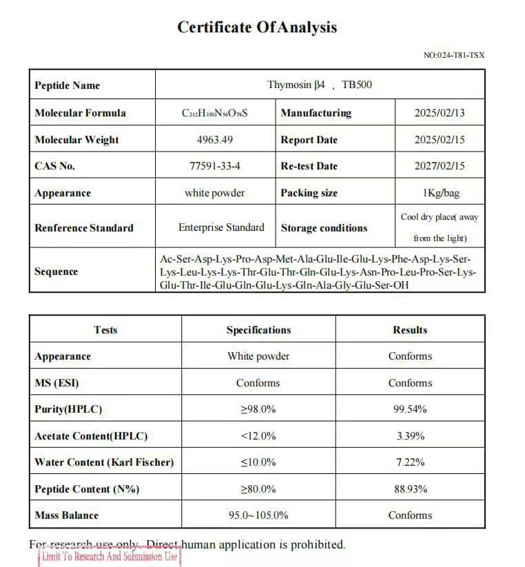 Thymosin β4 / TB500 Certificate of Analysis