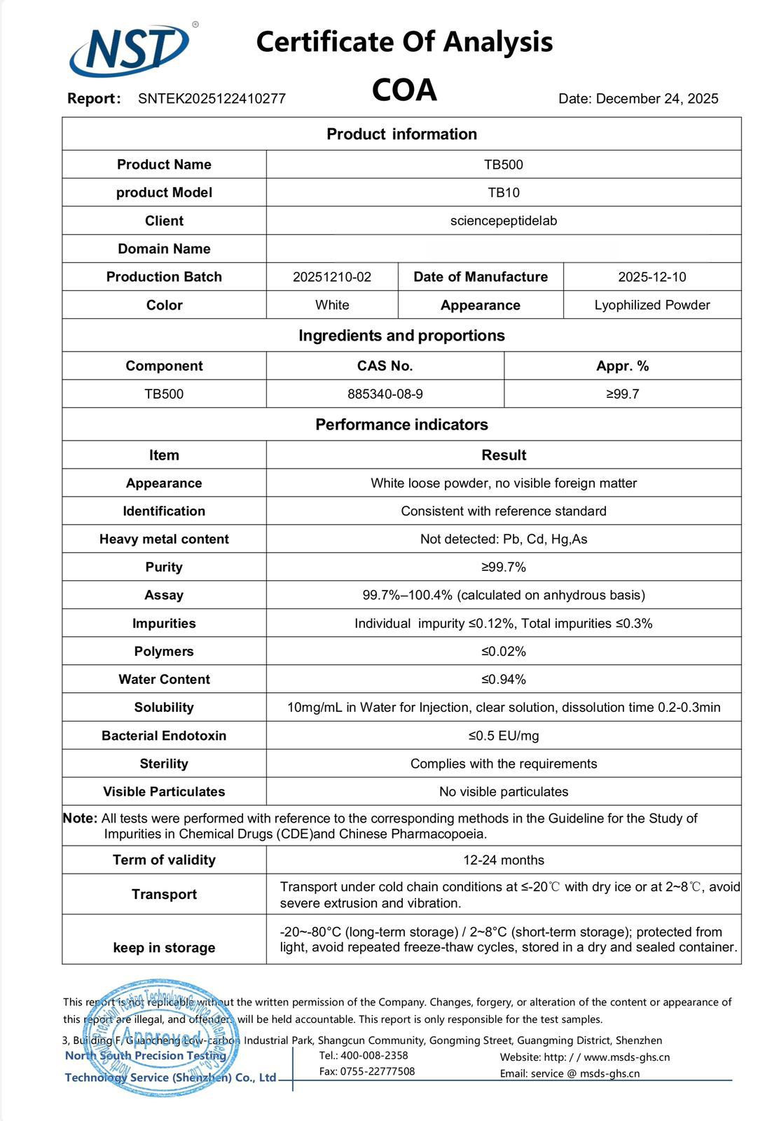 Thymosin β4 / TB500 Certificate of Analysis