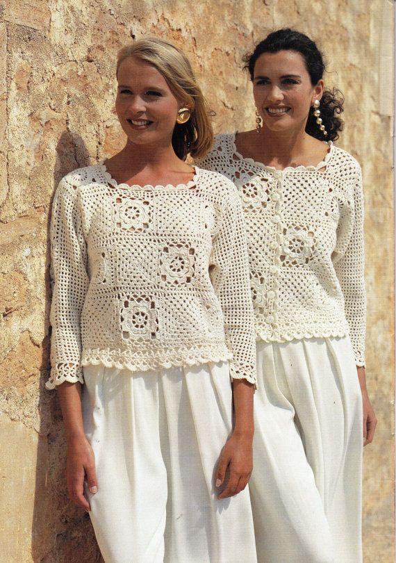 Two models wearing ivory crochet sweaters with floral square motifs.
