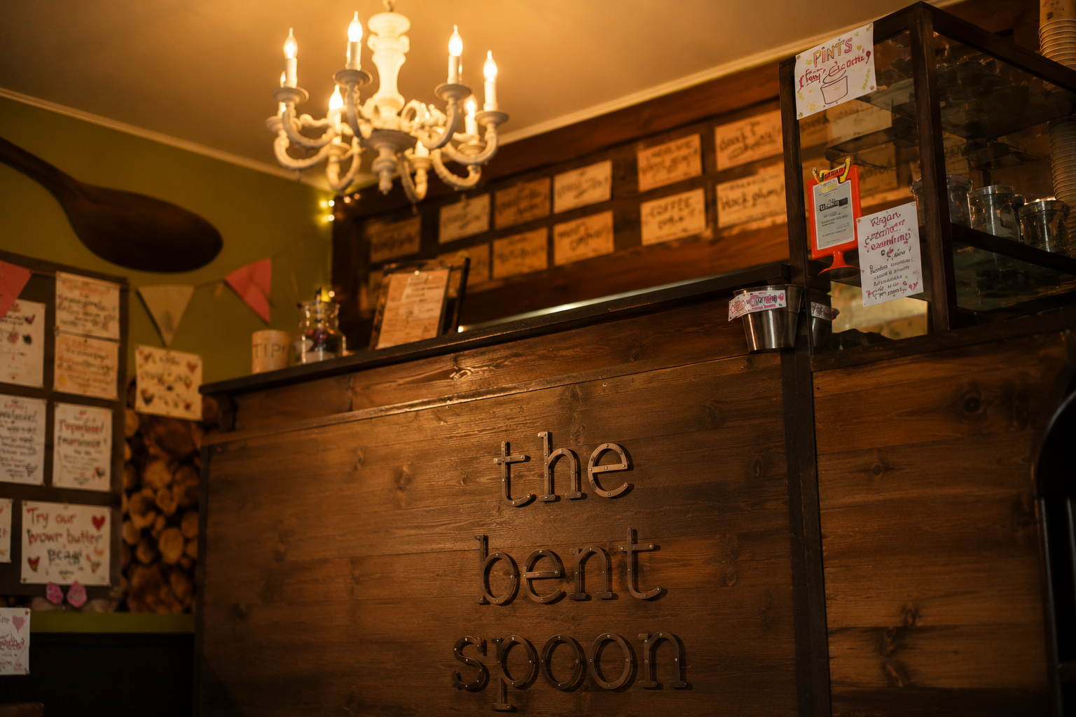 Dark walnut counter with 'the bent spoon' metal letters and white chandelier