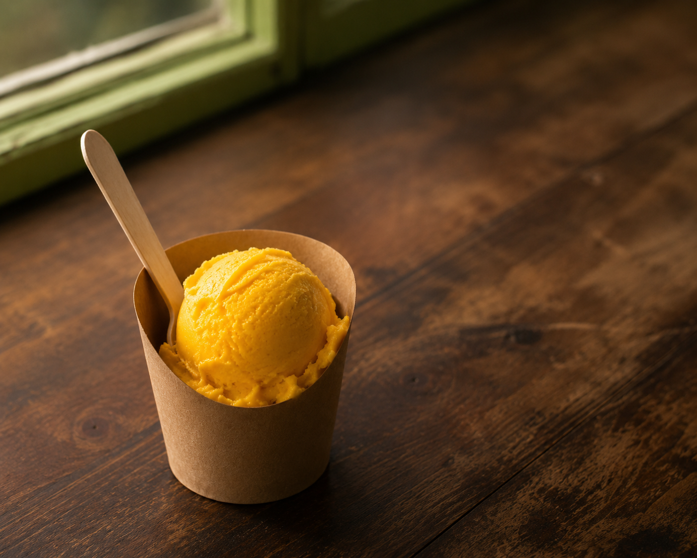 Vivid Alphonso mango orange sorbet in kraft cup with wooden spoon