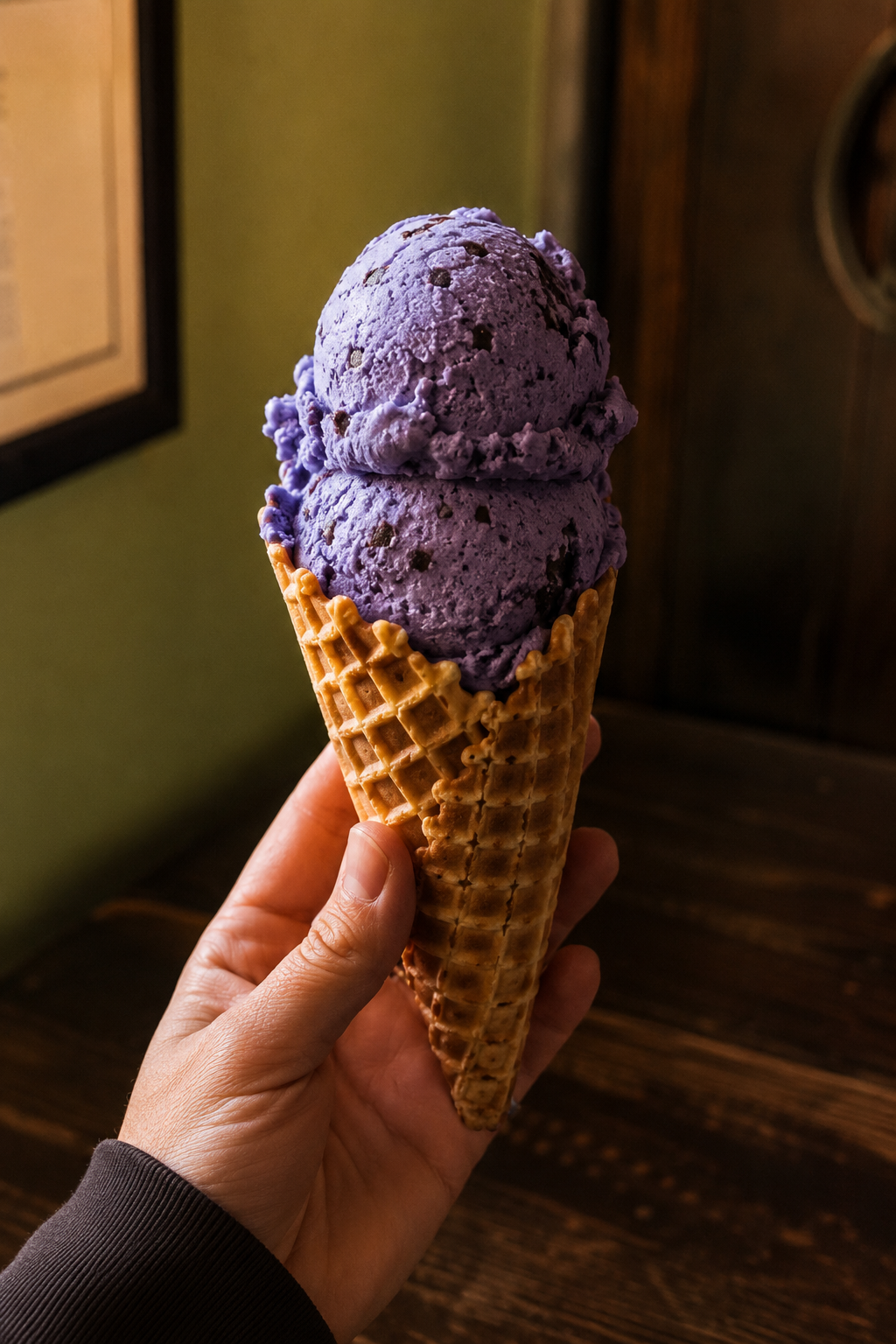 Deep viola chip blue-purple scoop in waffle cone