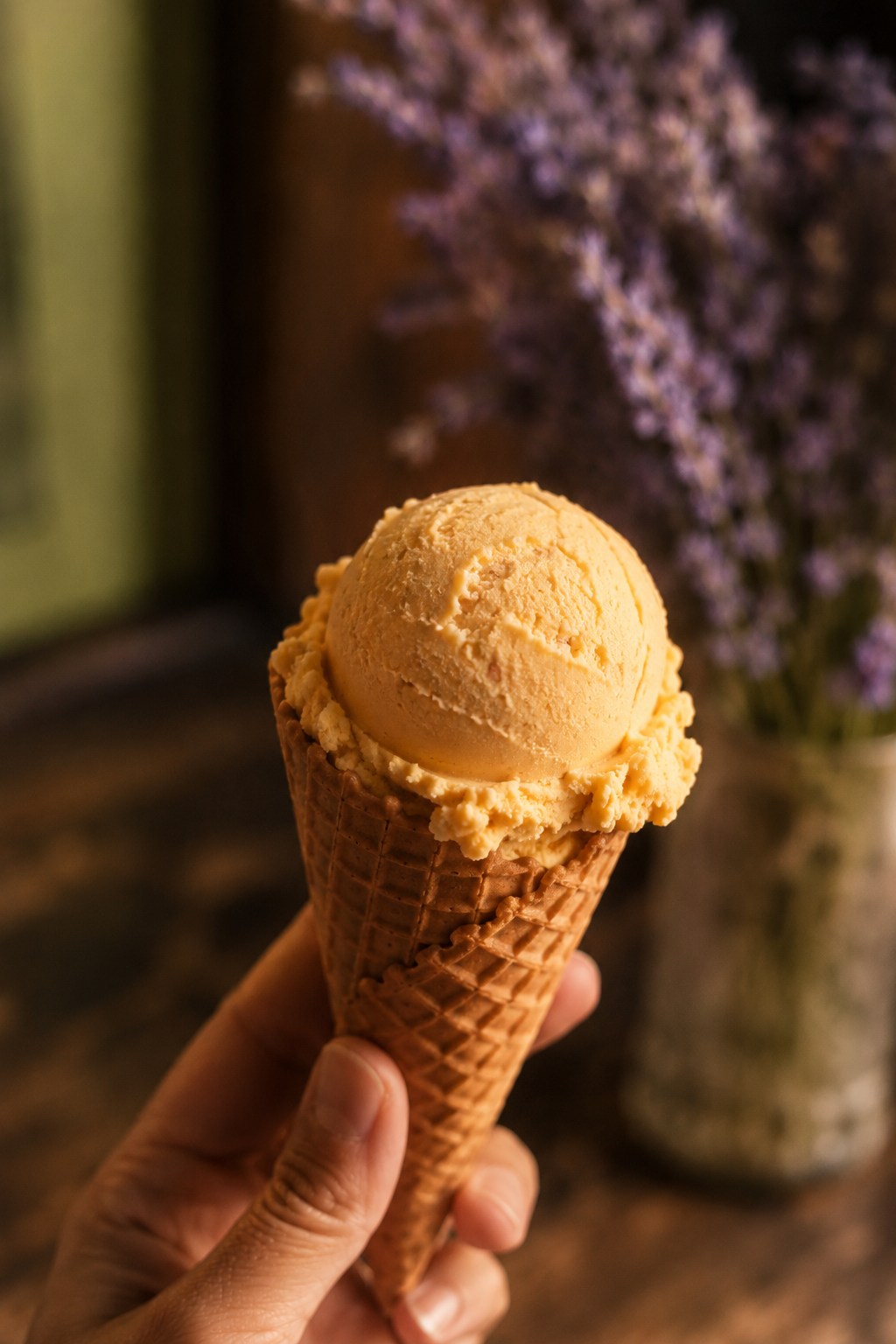 Honey lavender golden scoop with purple florals in background