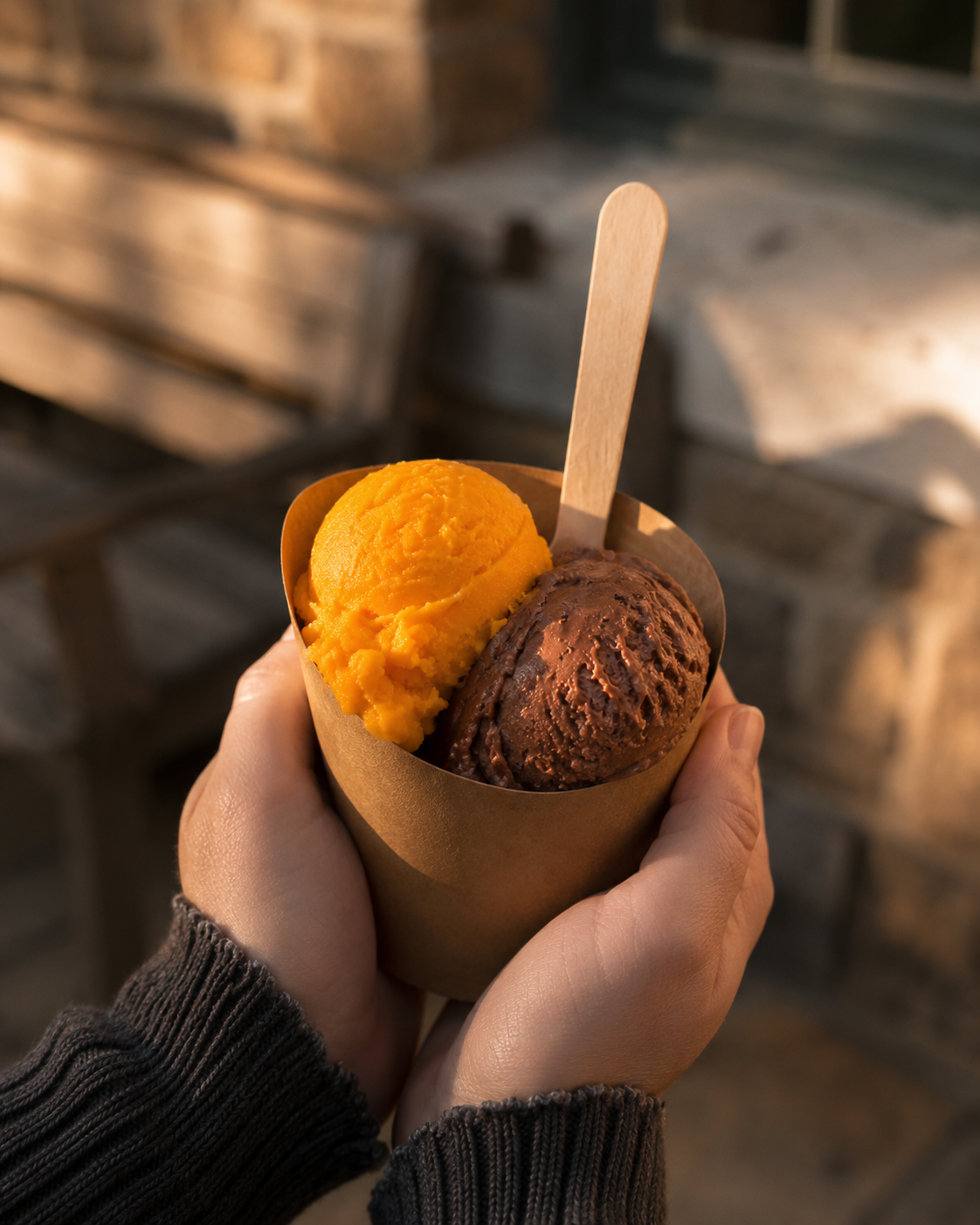 Two scoops in a kraft cup held in hands