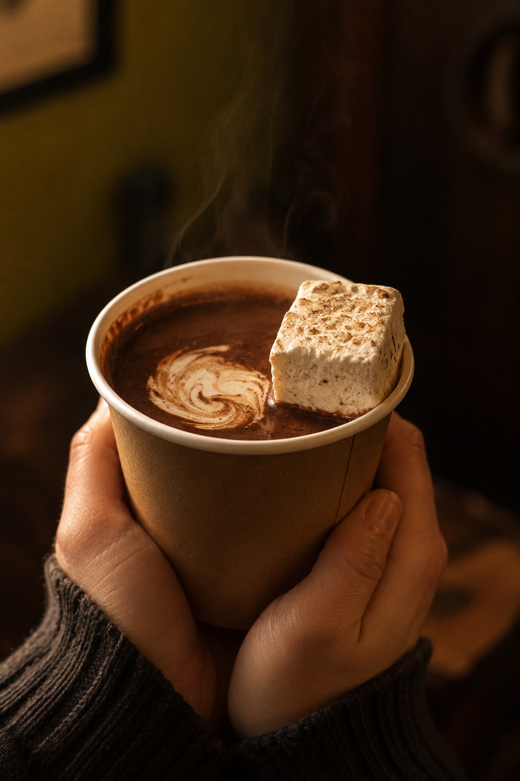Hot chocolate cup with steam and marshmallow