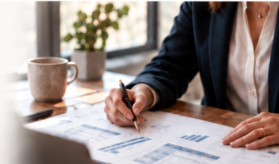 Benefits adviser reviewing a printed plan at a bright office table