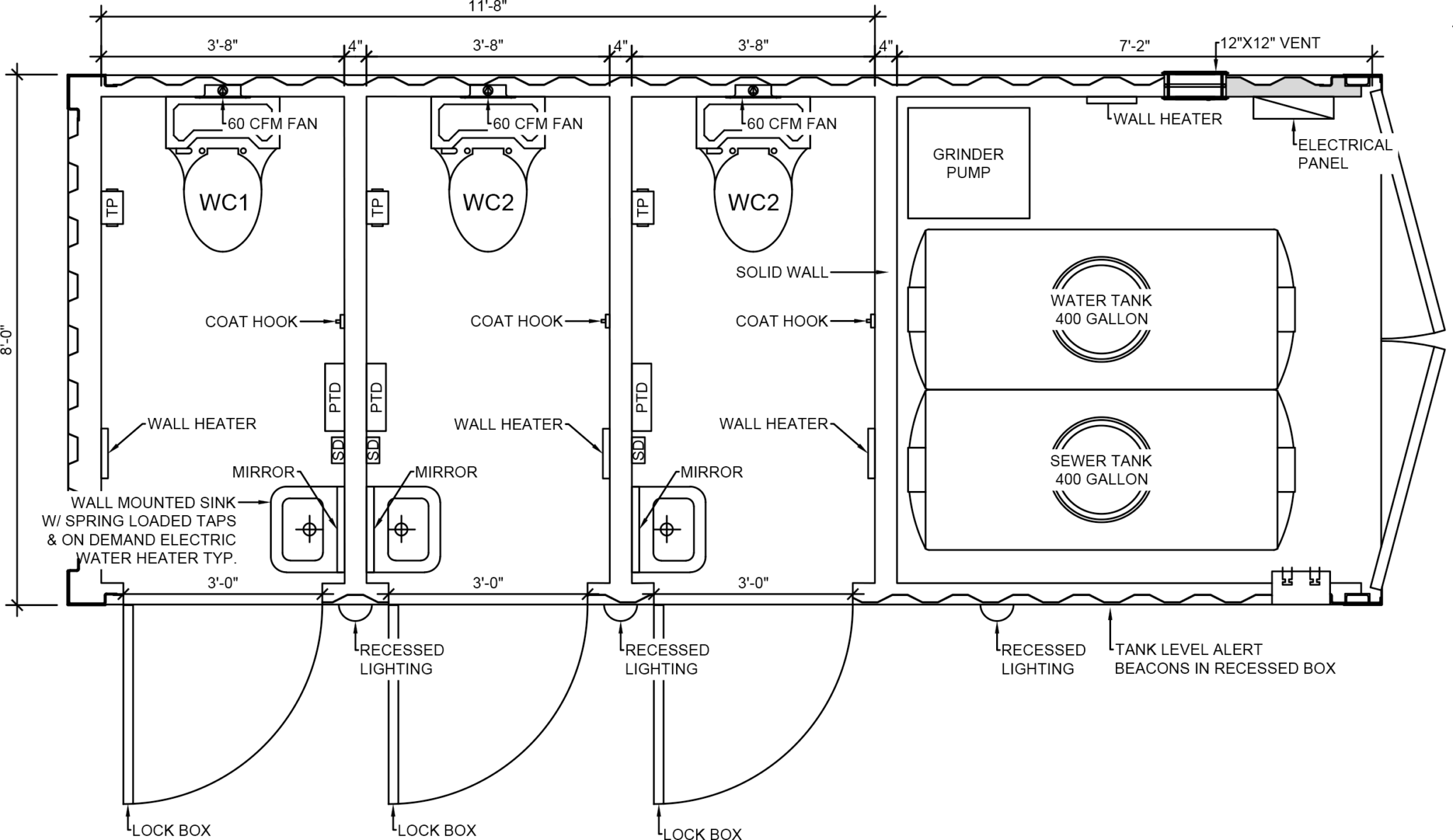 Technical floor plan showing three portable restroom stalls and service equipment