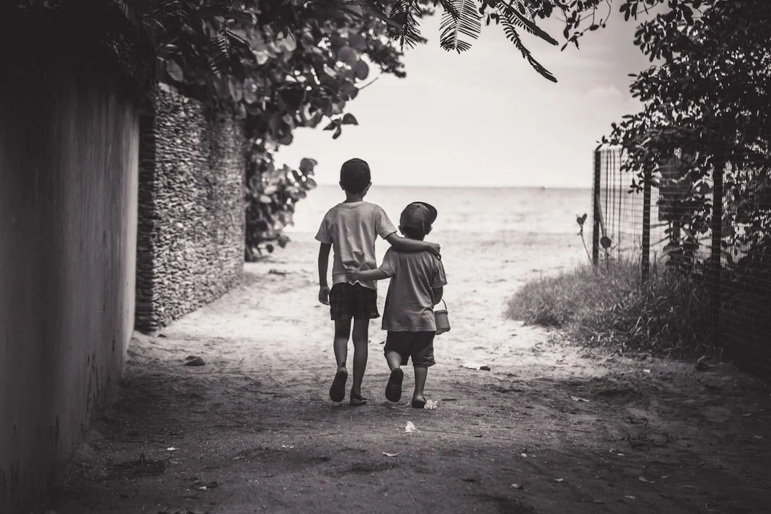 Two boys walking together toward the beach