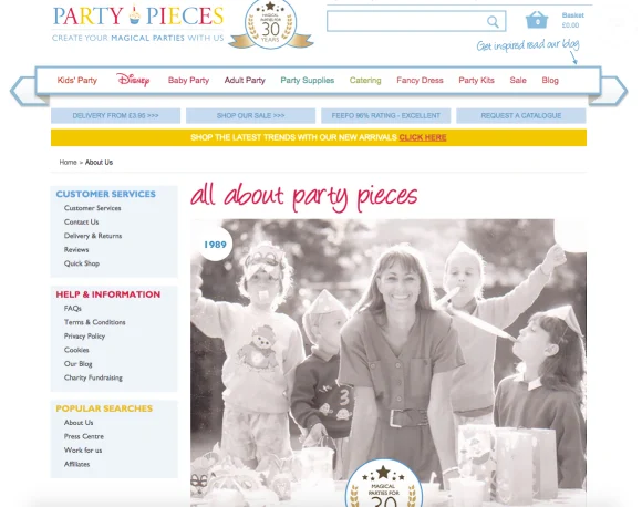 Party Pieces About Us page showing family-oriented brand identity, circa 1989