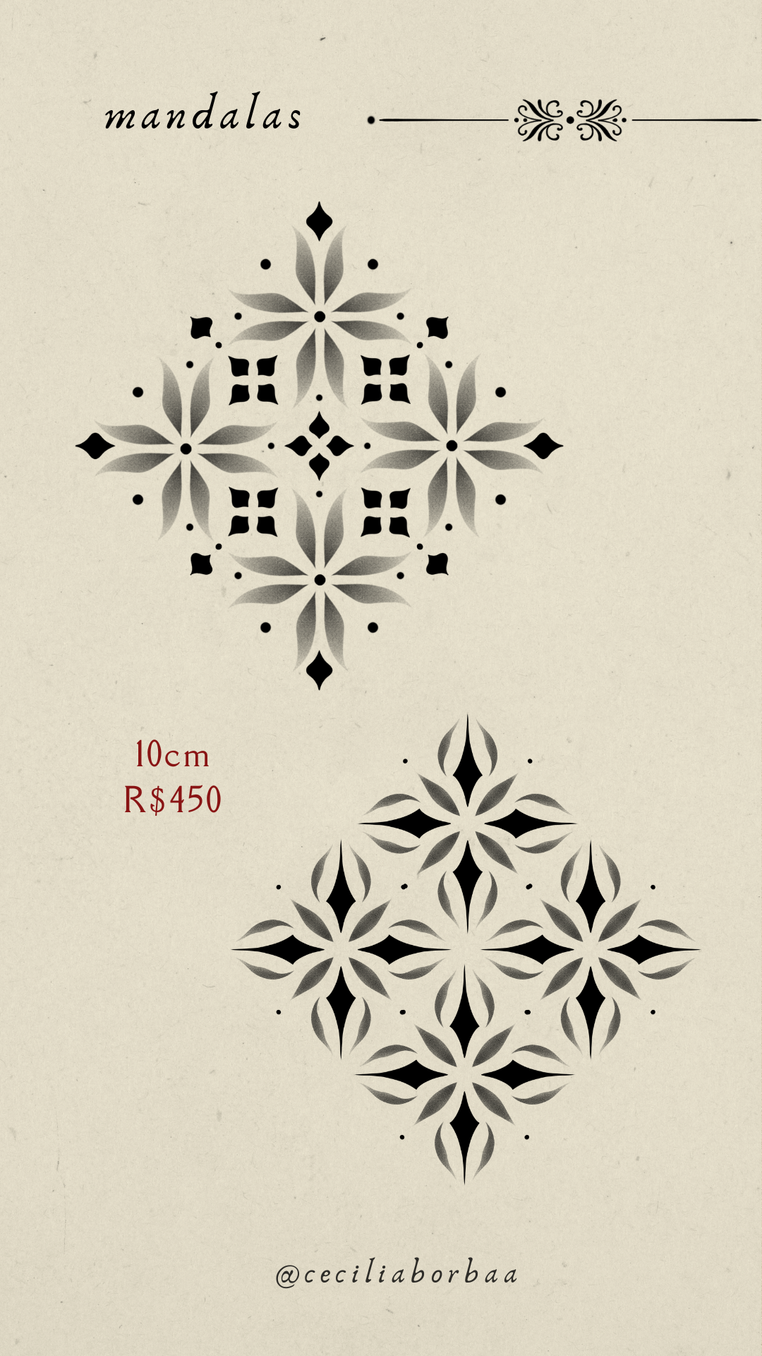 Mandala geométrica complexa e padrão de quatro mandalas — Mandalas por Cecília Borba