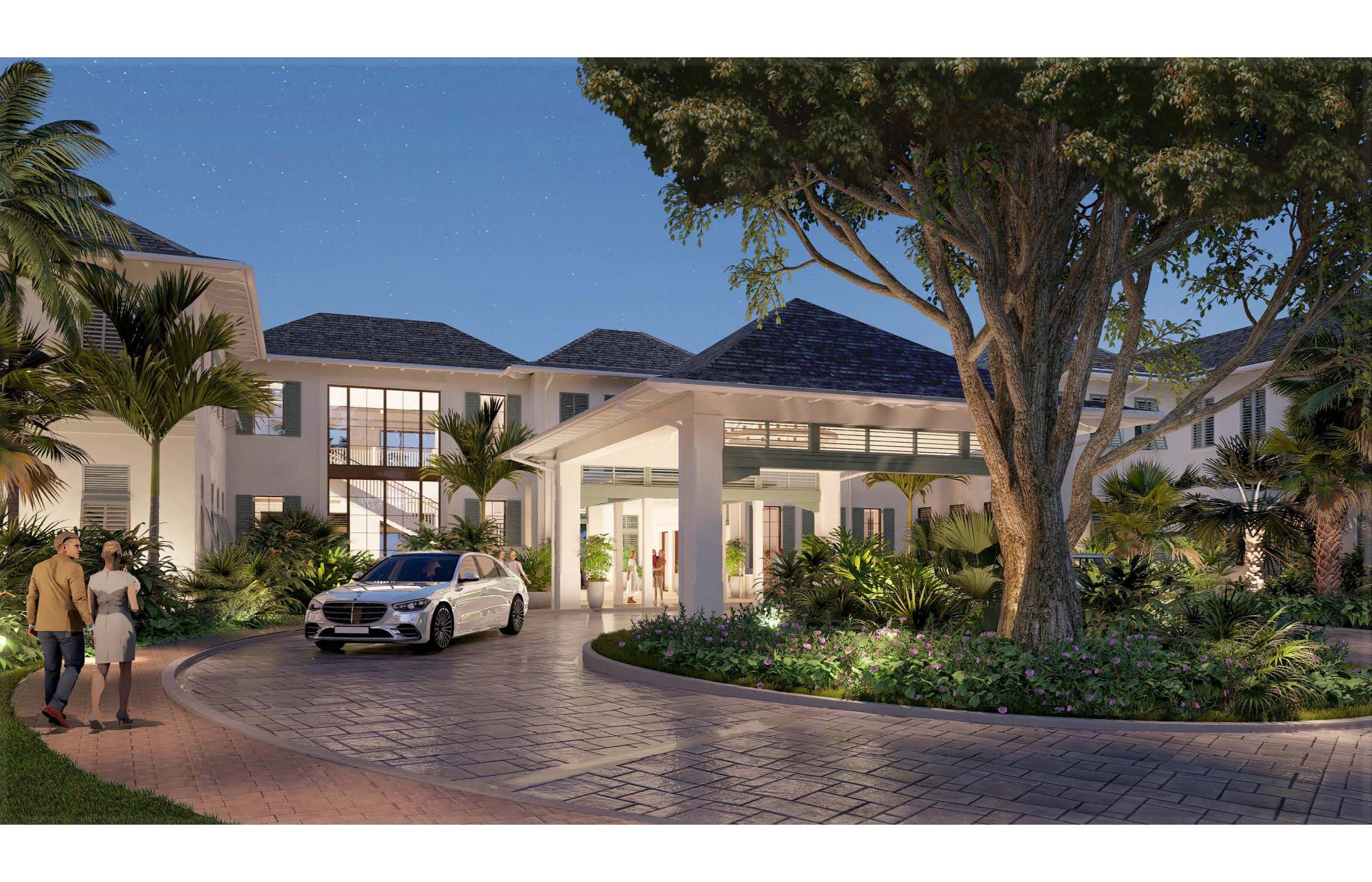Port Royal Club elegant porte-cochère entrance and valet drop-off at twilight