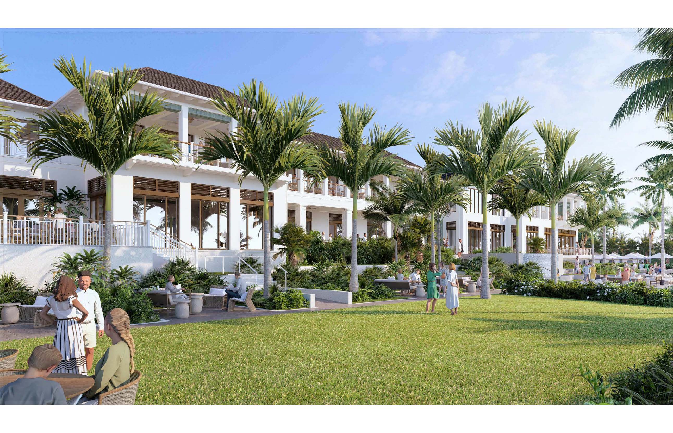 Port Royal Club expansive green lawn with clubhouse building and outdoor seating