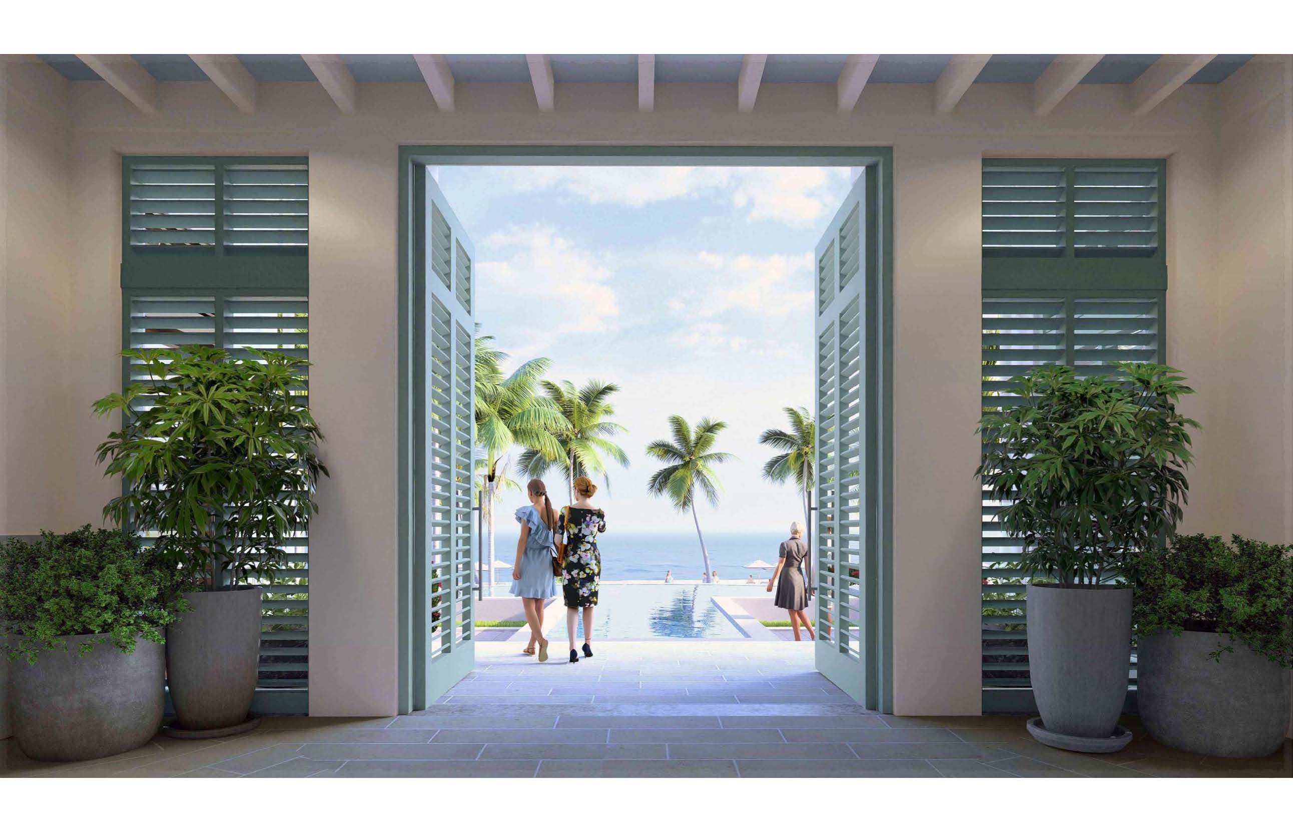 Port Royal Club Gulf-facing walkway with louvered doors opening to infinity pool and ocean views