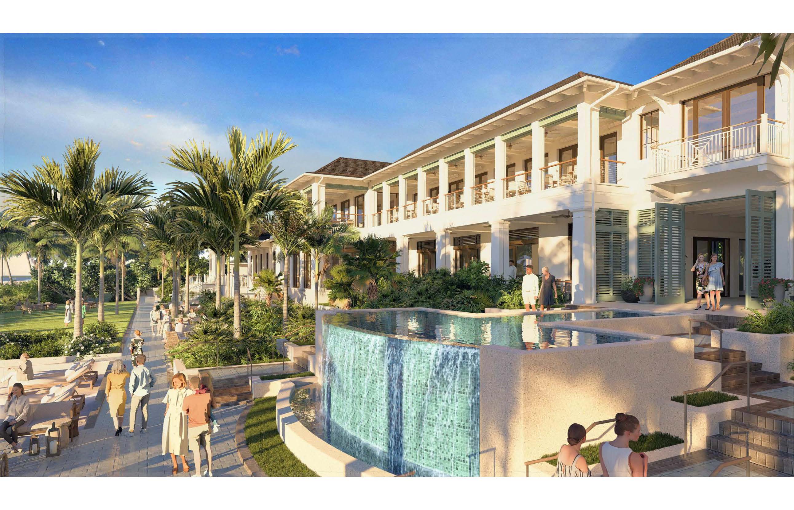 Port Royal Club rear walkway with overflow fountain and palm-lined paths