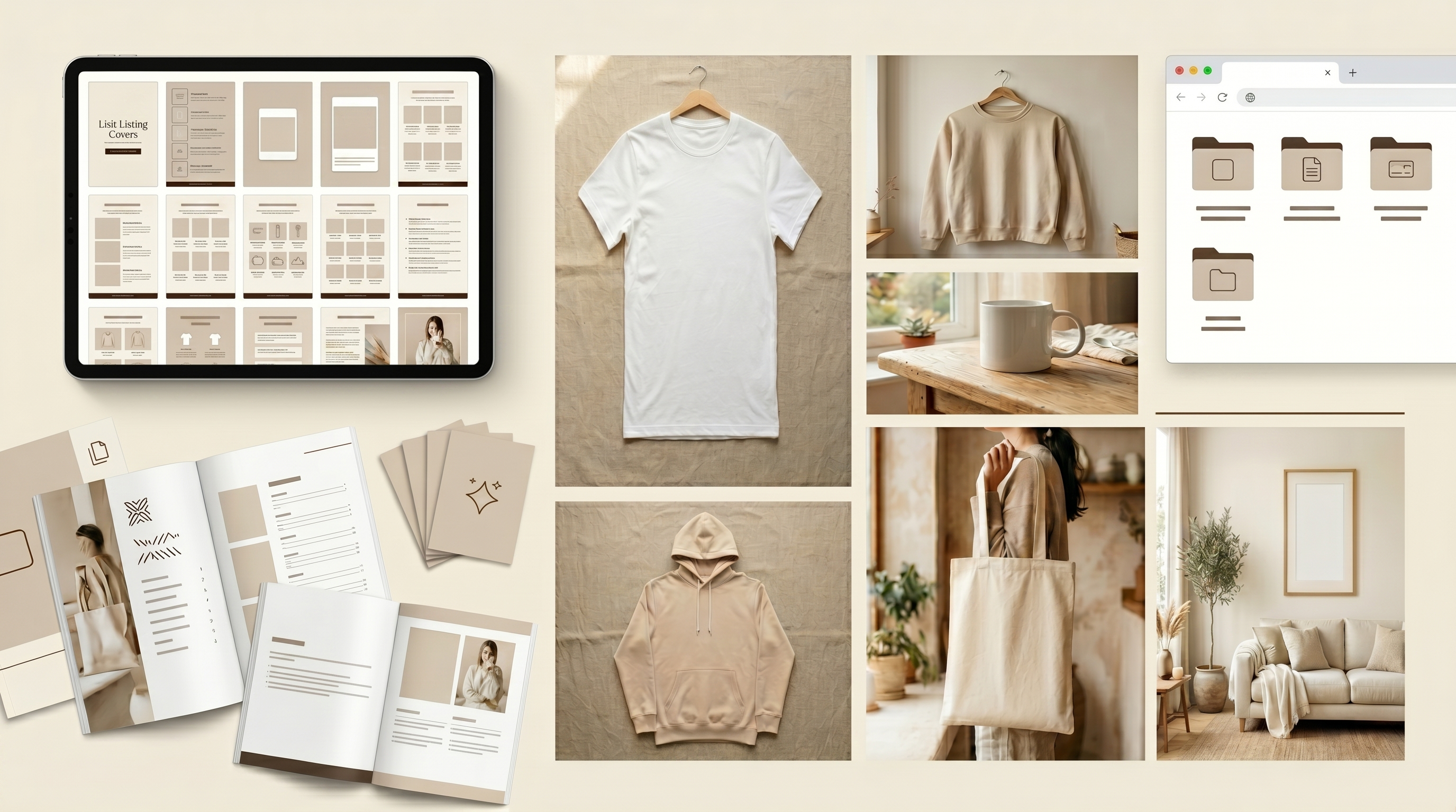 POD Seller Visual System complete bundle - tablet with listing templates, mockups for apparel, tote bags, mugs, wall art, and organized file folders