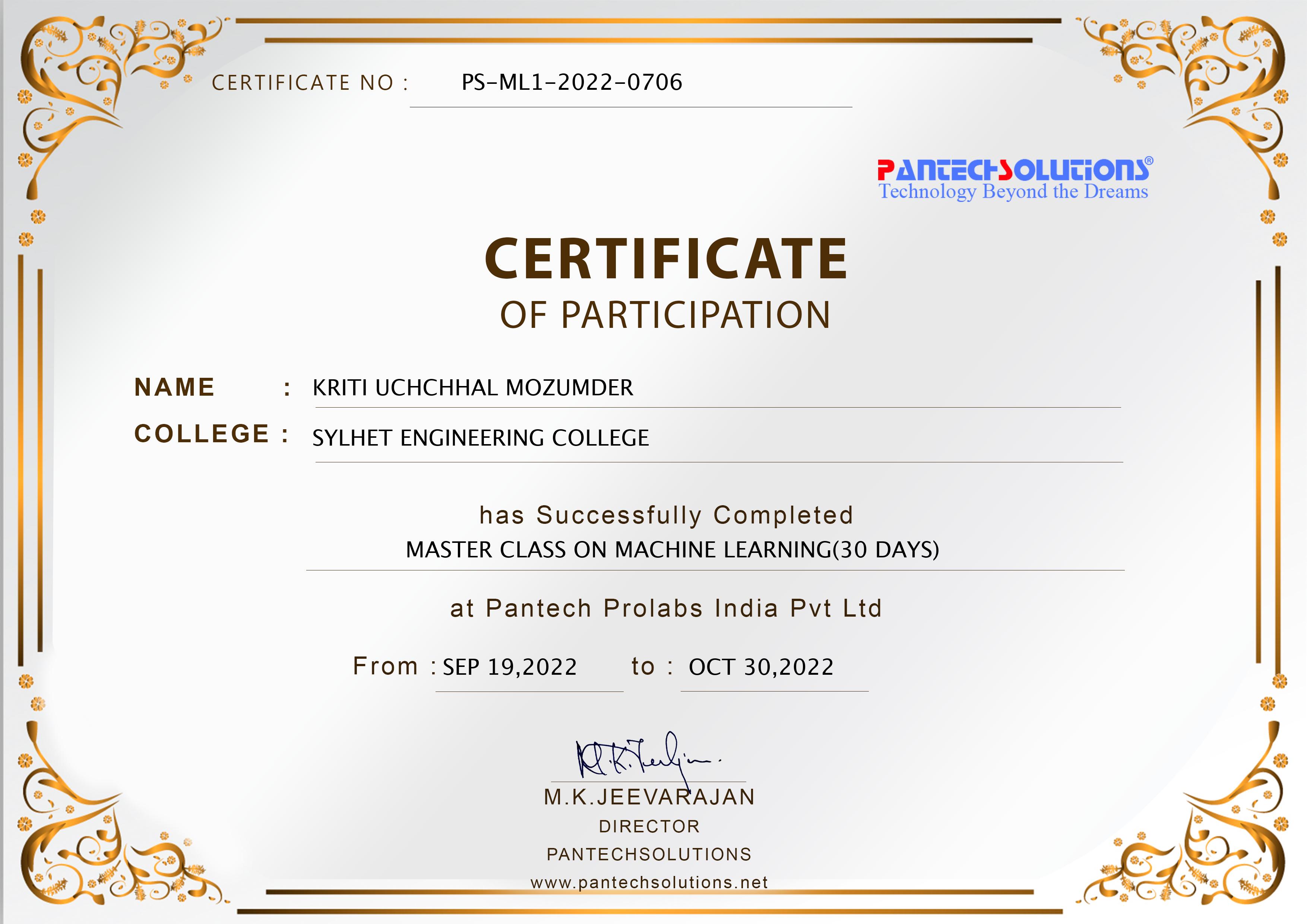 Master Class on Machine Learning Certificate