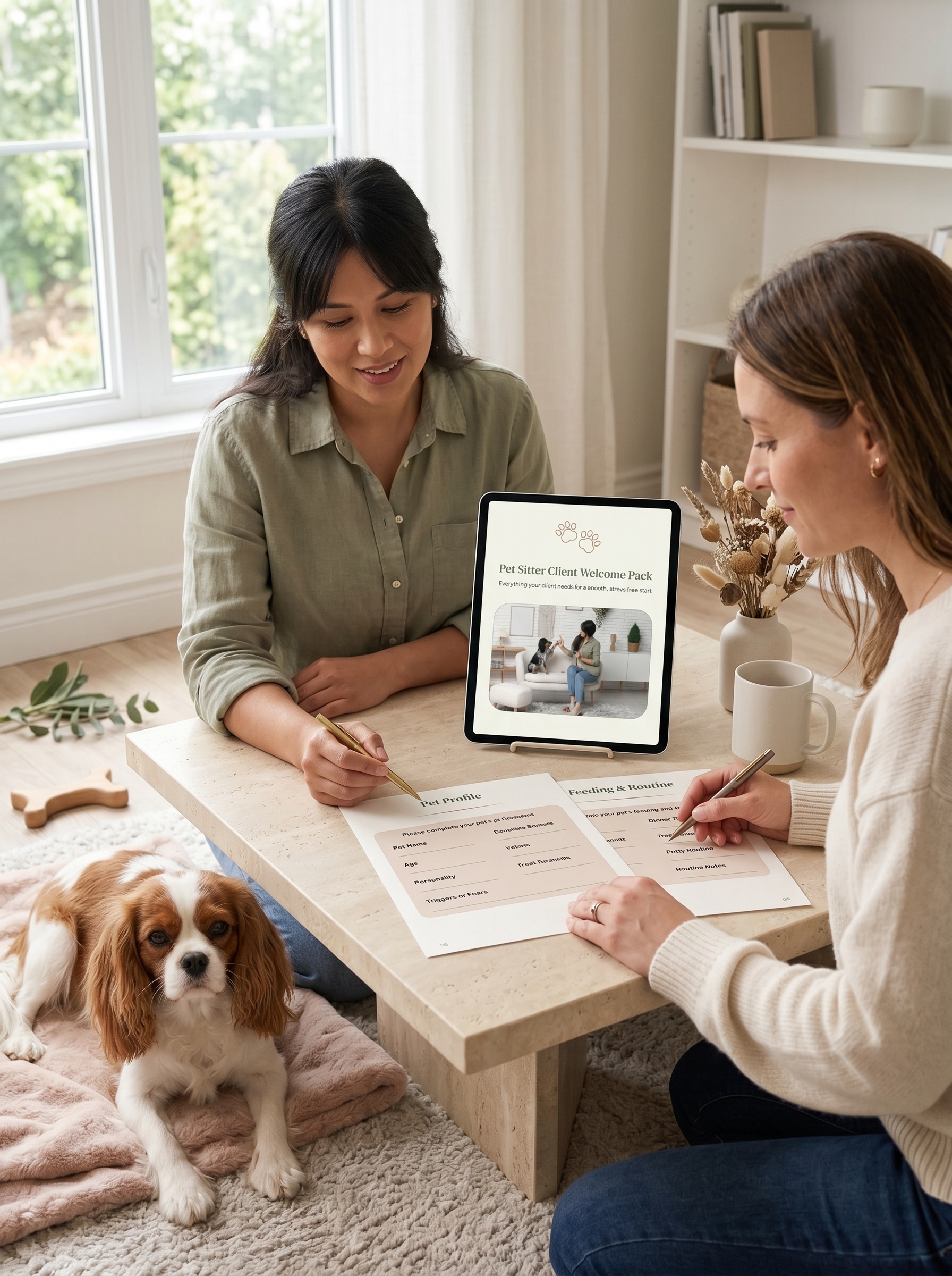 Pet sitter and client reviewing pet profile forms together with their dog