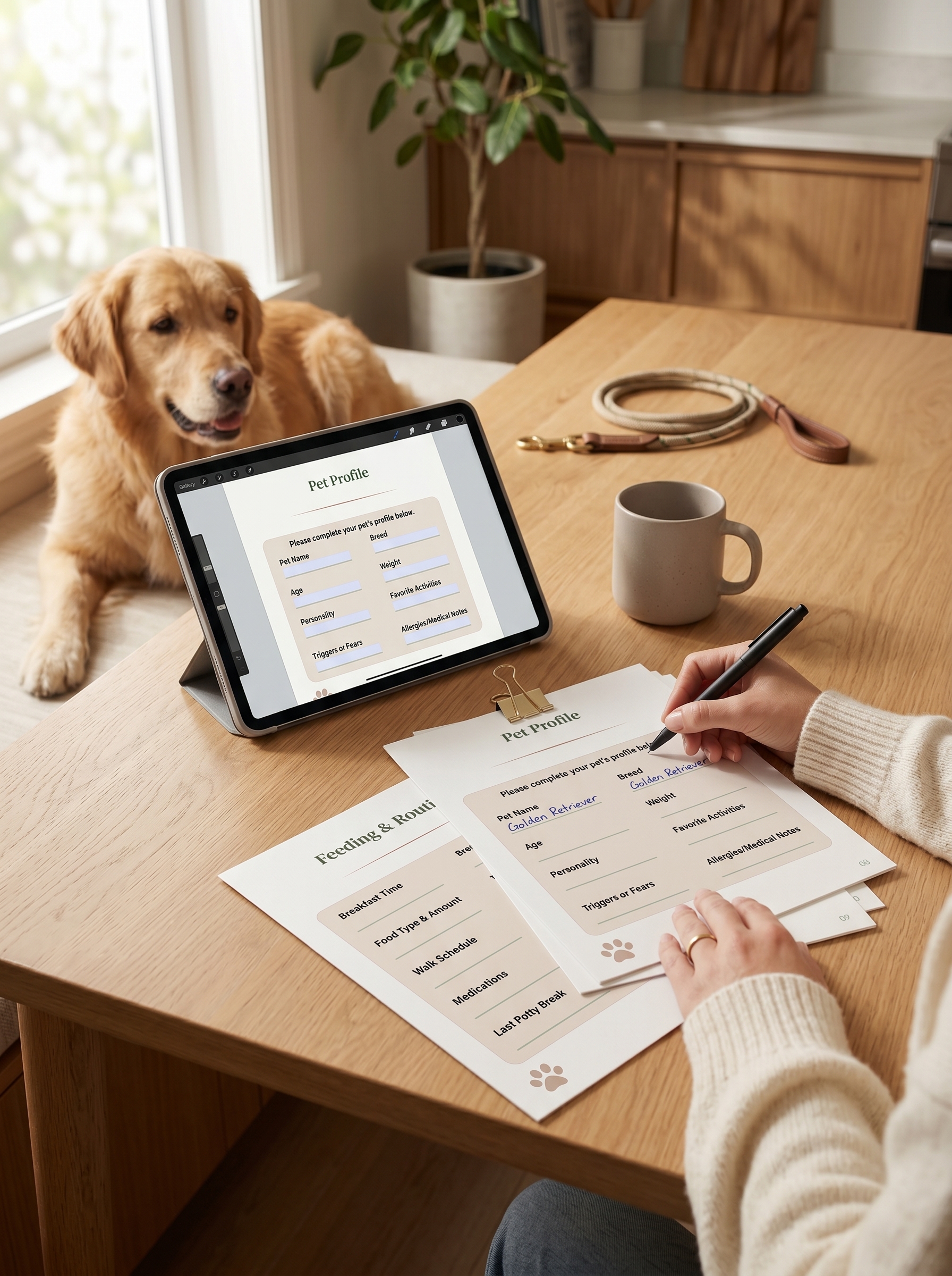 Golden retriever watching pet sitter fill out pet profile and feeding routine forms