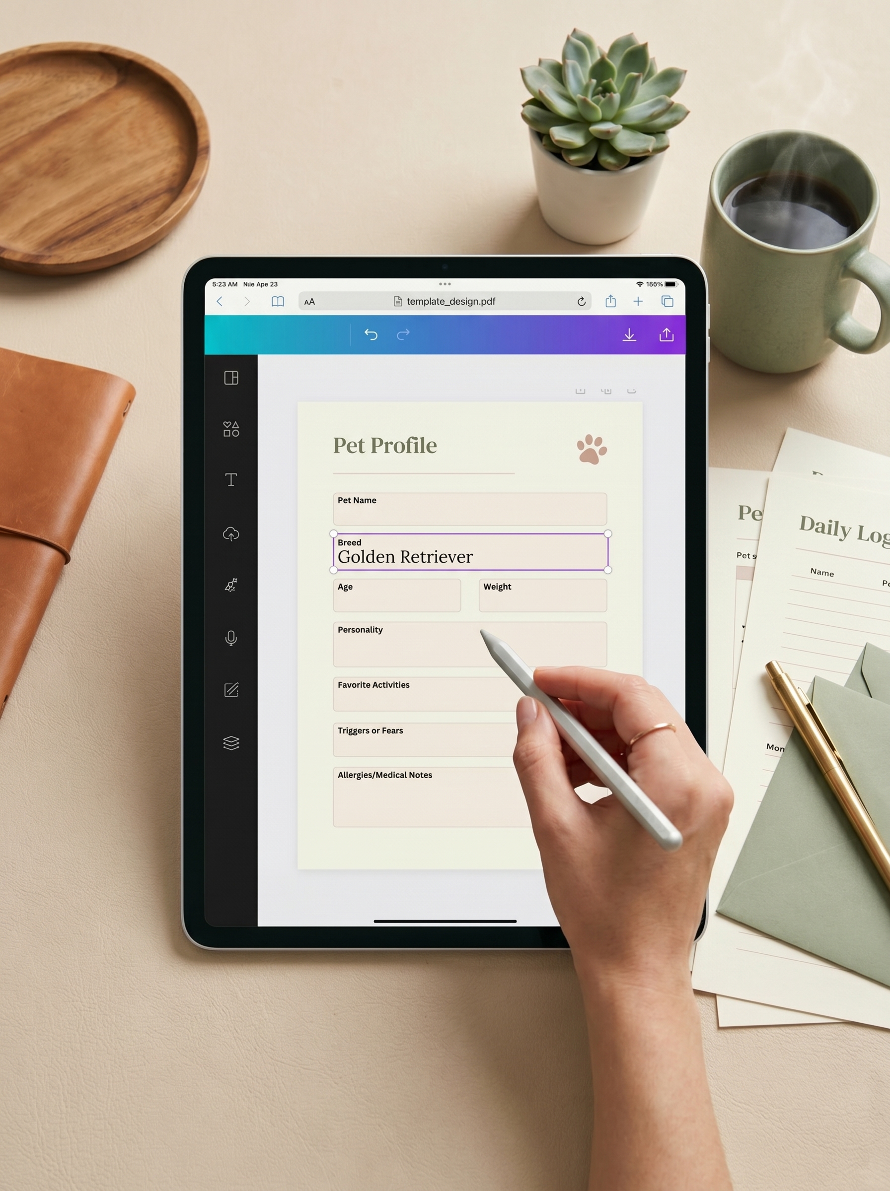 Pet profile template being edited in Canva on iPad with Apple Pencil