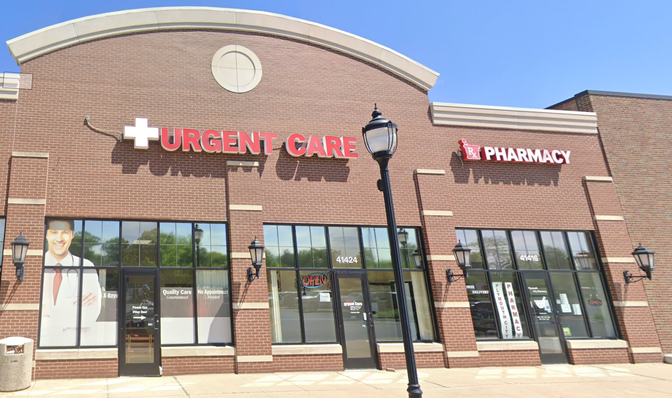 Plymouth Urgent Care storefront showing the urgent care and pharmacy entrances