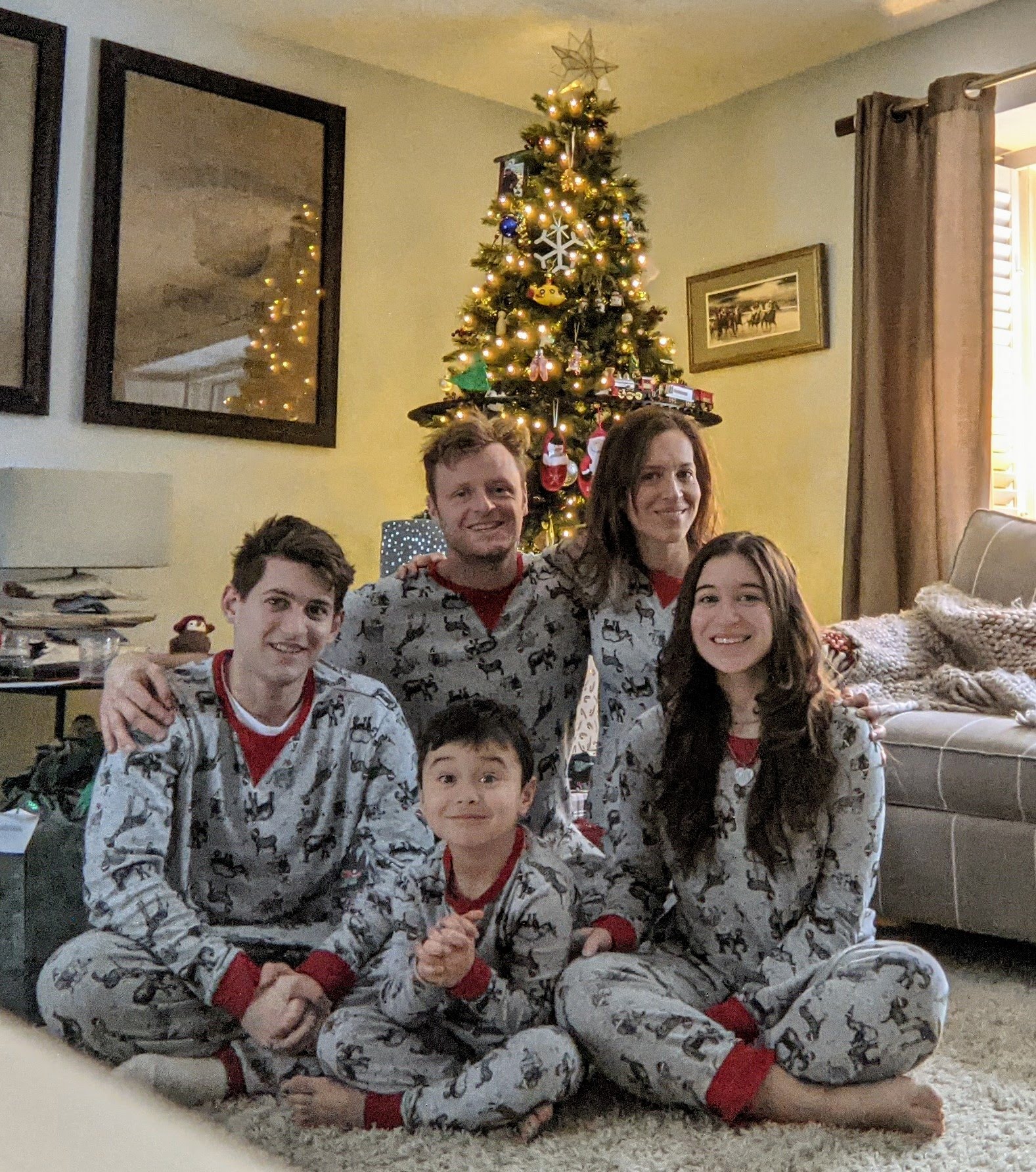 Christmas morning in matching pajamas
