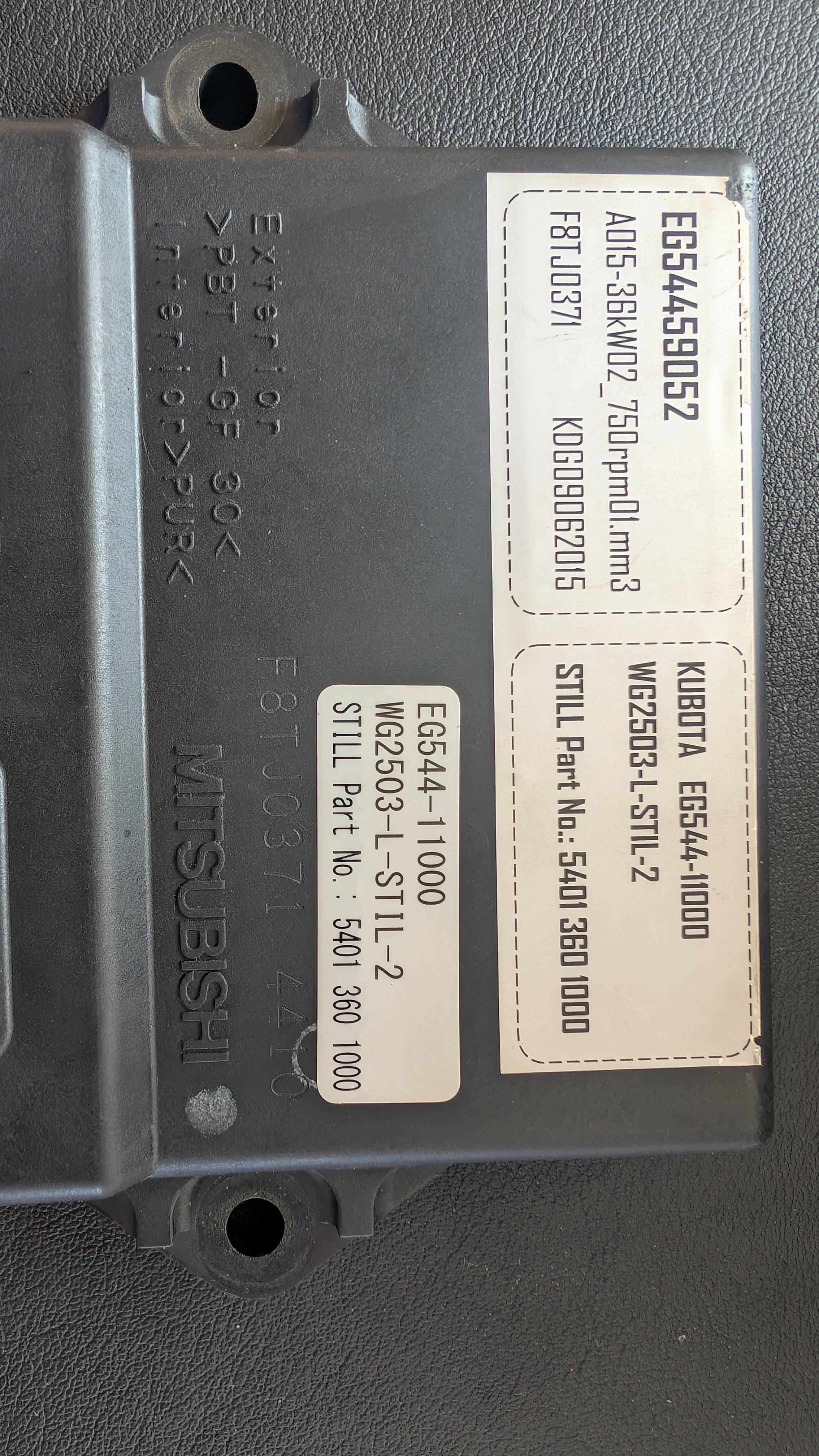 Etykieta sterownika Mitsubishi EG544-11000 z numerem EG54459052, WG2503-L-STIL-2 i specyfikacją 36 kW 750 rpm
