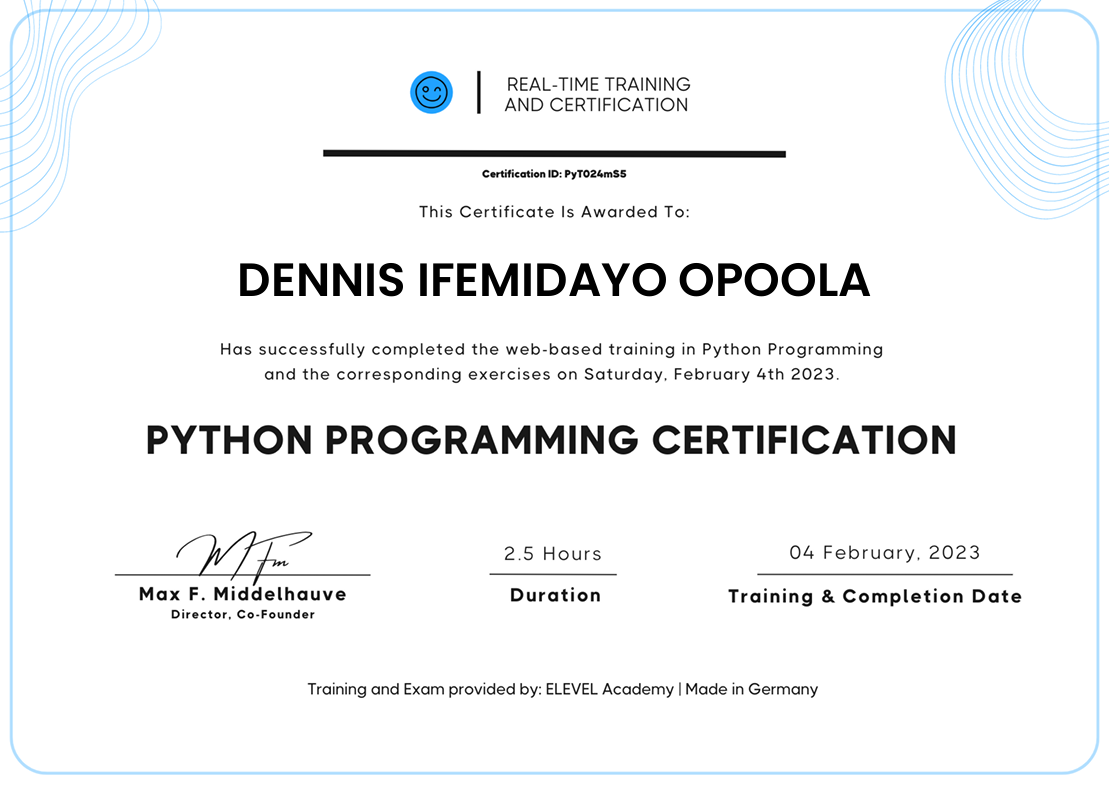 Python Programming Certification certificate