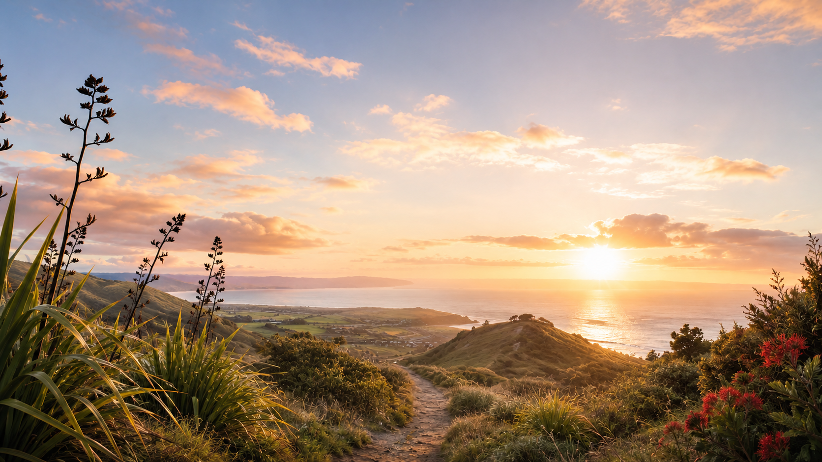 Peaceful New Zealand landscape at sunset with rolling hills and ocean view