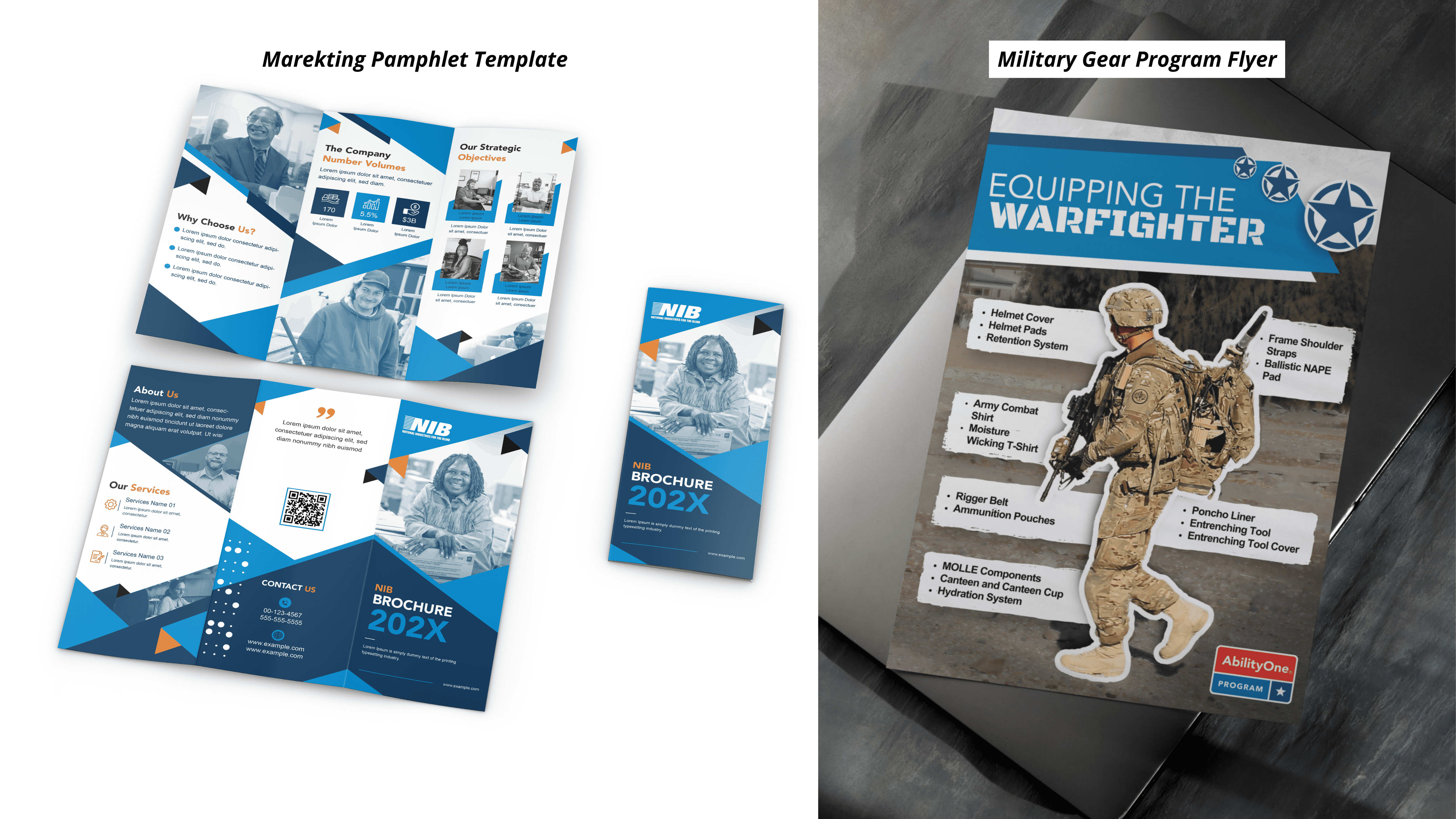 Marketing tri-fold pamphlet template and Equipping the Warfighter military gear program flyer
