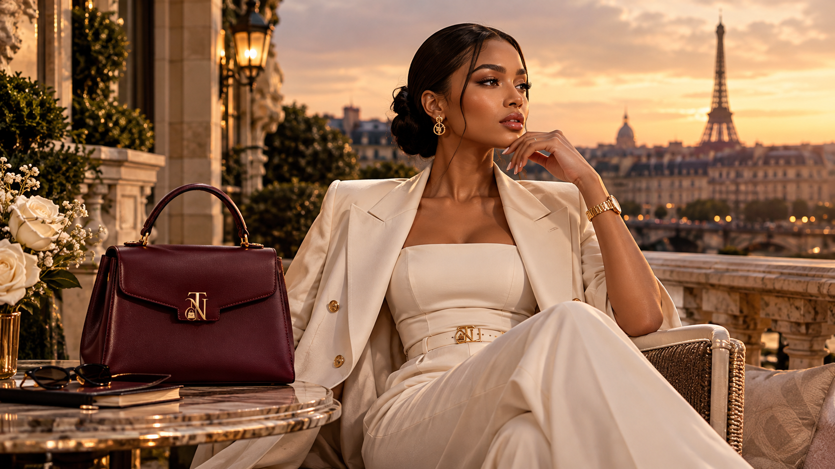 Woman in an ivory suit and burgundy handbag overlooking Paris at sunset