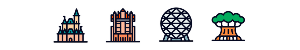 Disney World Park Icons: Magic Kingdom Castle, Hollywood Studios Tower, Epcot Sphere, Animal Kingdom Tree