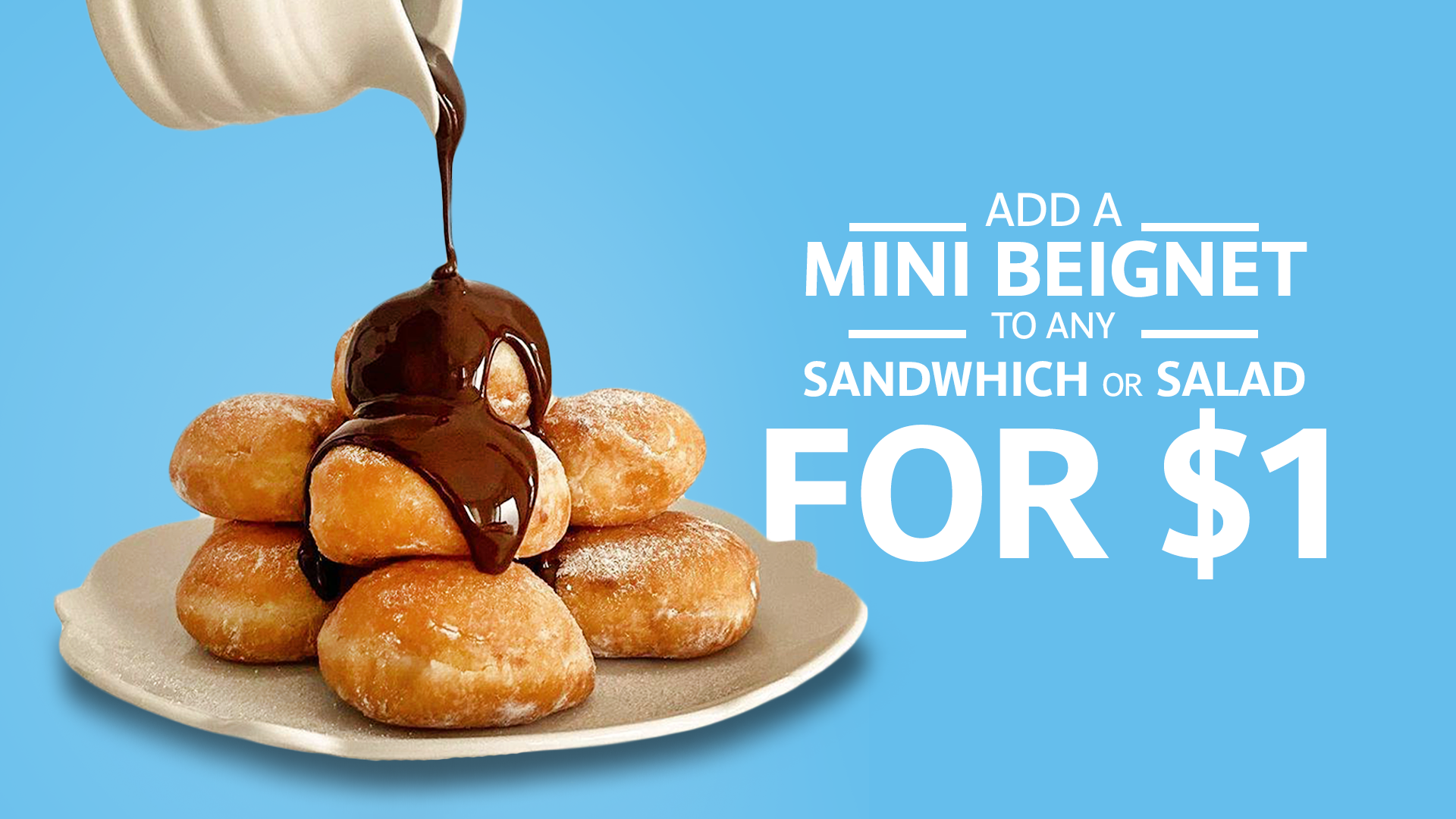 PAUL French Bakery Add a Mini Beignet for $1 promotional digital ad with chocolate beignets on blue background