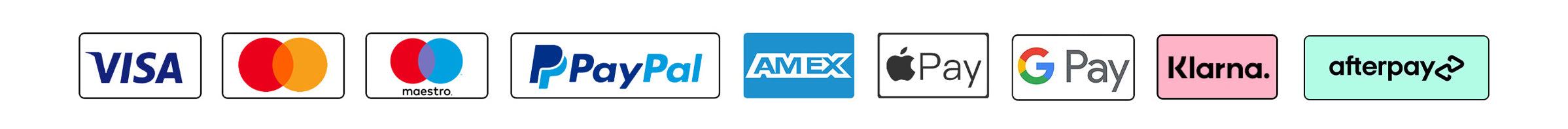 Payment methods: Visa, Mastercard, Maestro, PayPal, Amex, Apple Pay, Google Pay, Klarna, Afterpay