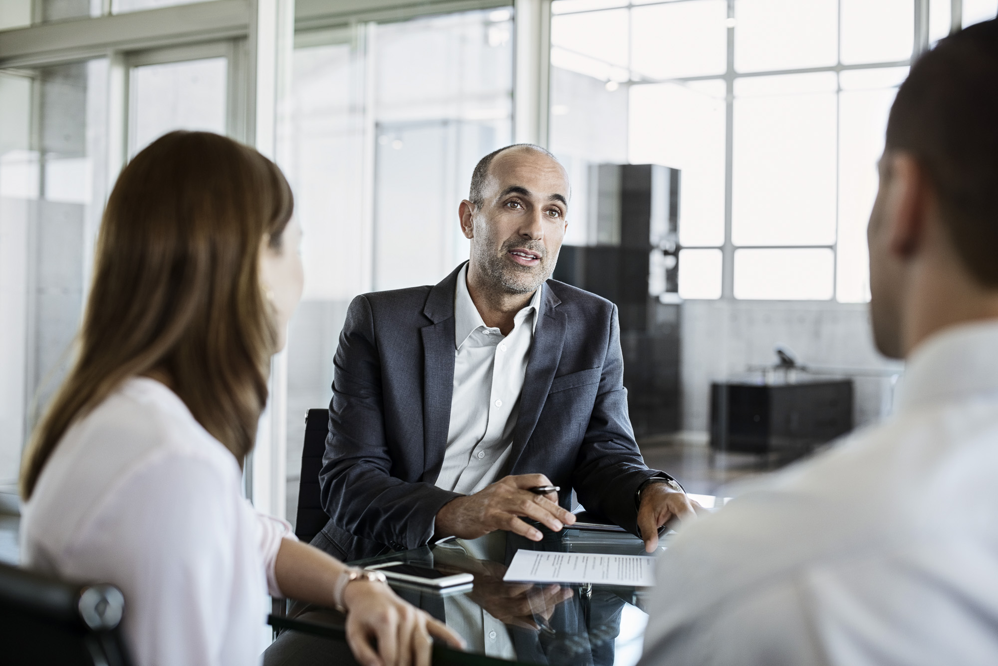 Professional consultant meeting with clients in modern office