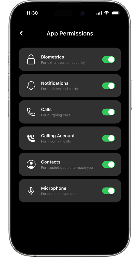 App Permissions screen showing six permission toggles: Biometrics, Notifications, Calls, Calling Account, Contacts, and Microphone — all enabled with green toggle switches