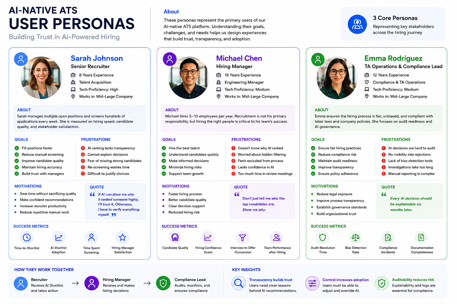 Three TalentAI user personas: recruiter, hiring manager, and compliance lead