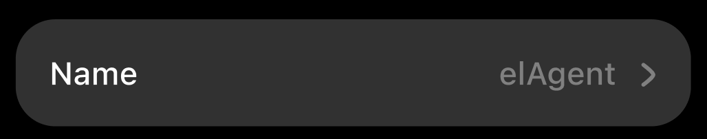 Personal settings row showing Name on the left and elAgent on the right with a chevron