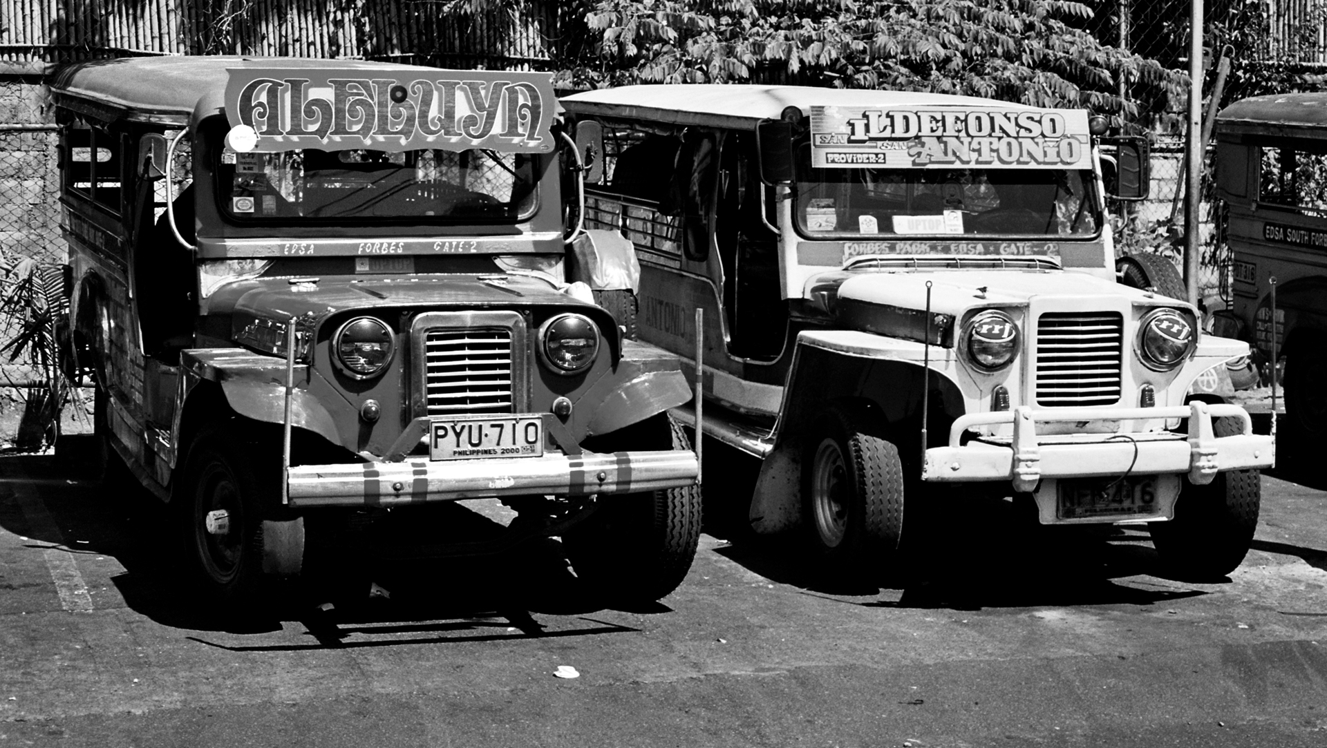 Two colorful decorated jeepney buses parked side by side with passengers
