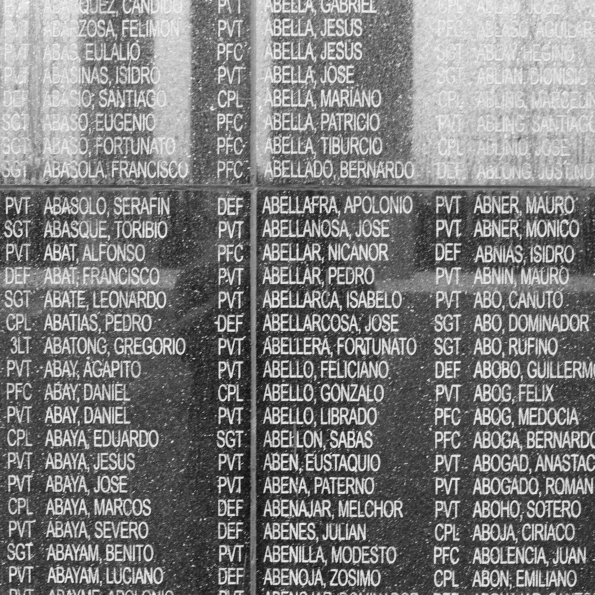 Black and white memorial wall with engraved names and military ranks and designations