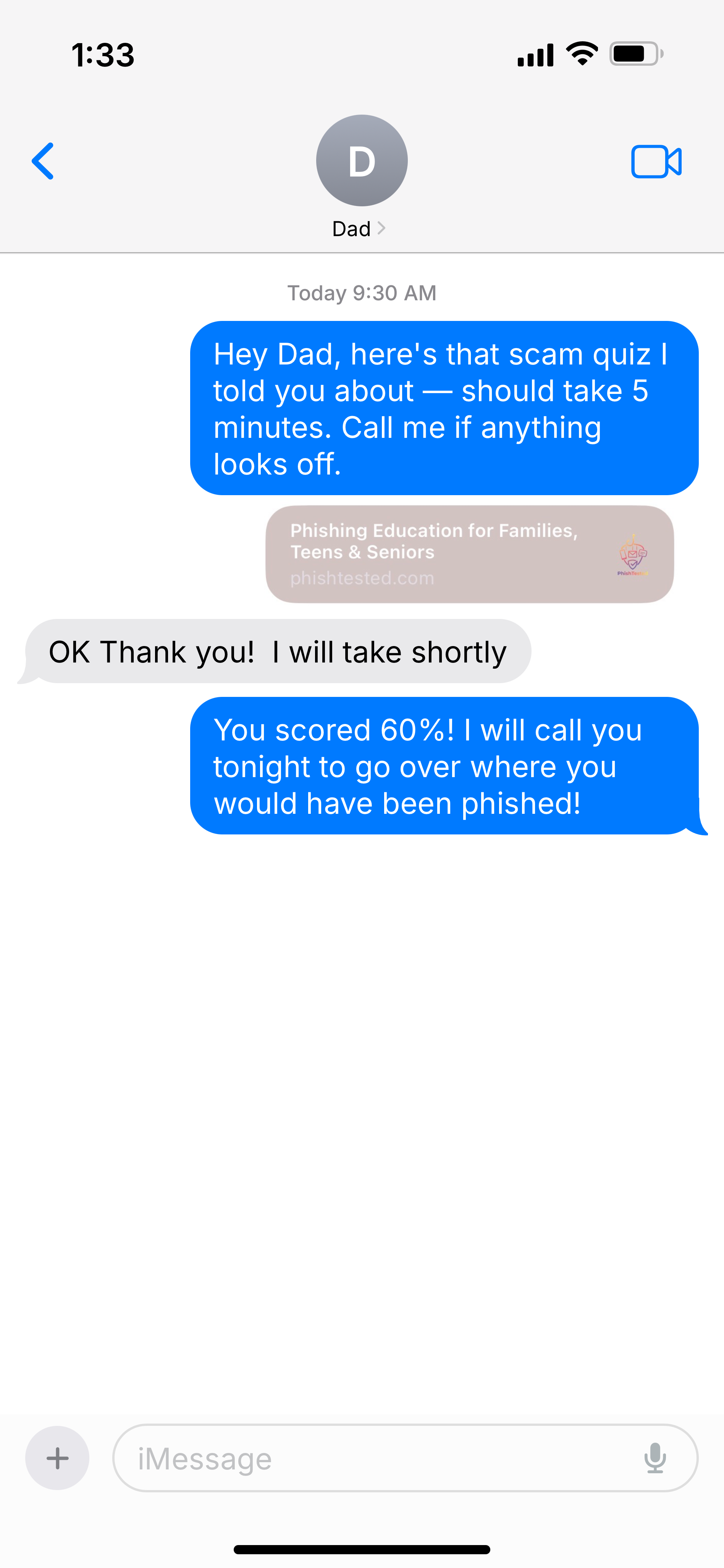 Challenge link conversation showing parent sending a quiz to Dad and receiving his score