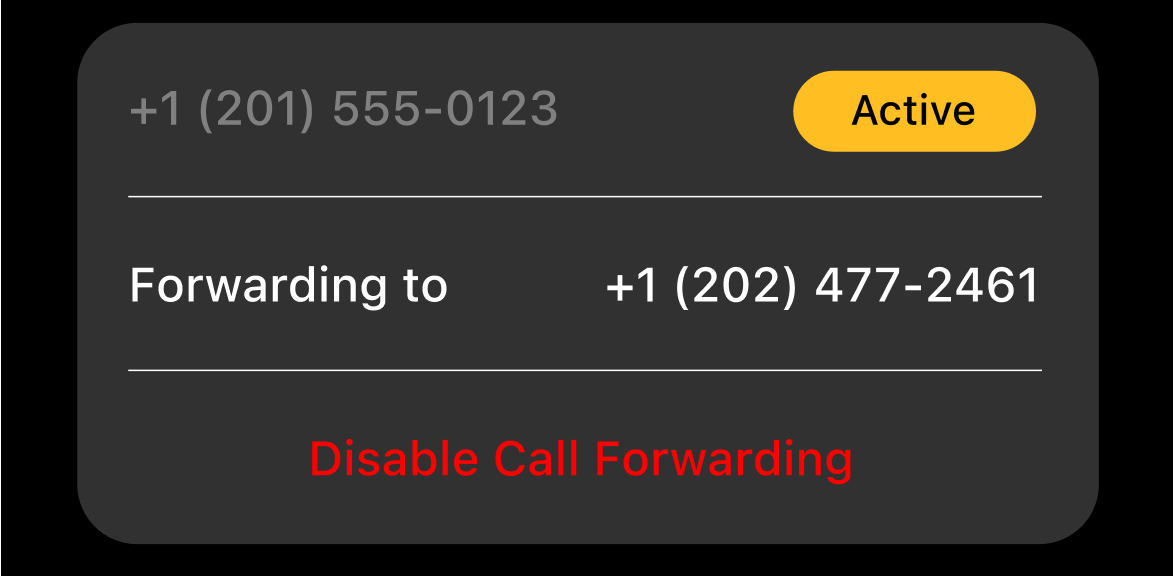 Call Forwarding card showing Active badge, the destination number +1 (202) 477-2461, and a red Disable Call Forwarding button