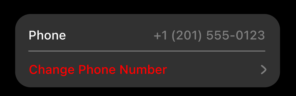 Phone settings card showing the current number +1 (201) 555-0123 at the top and a red Change Phone Number row with a chevron below a divider
