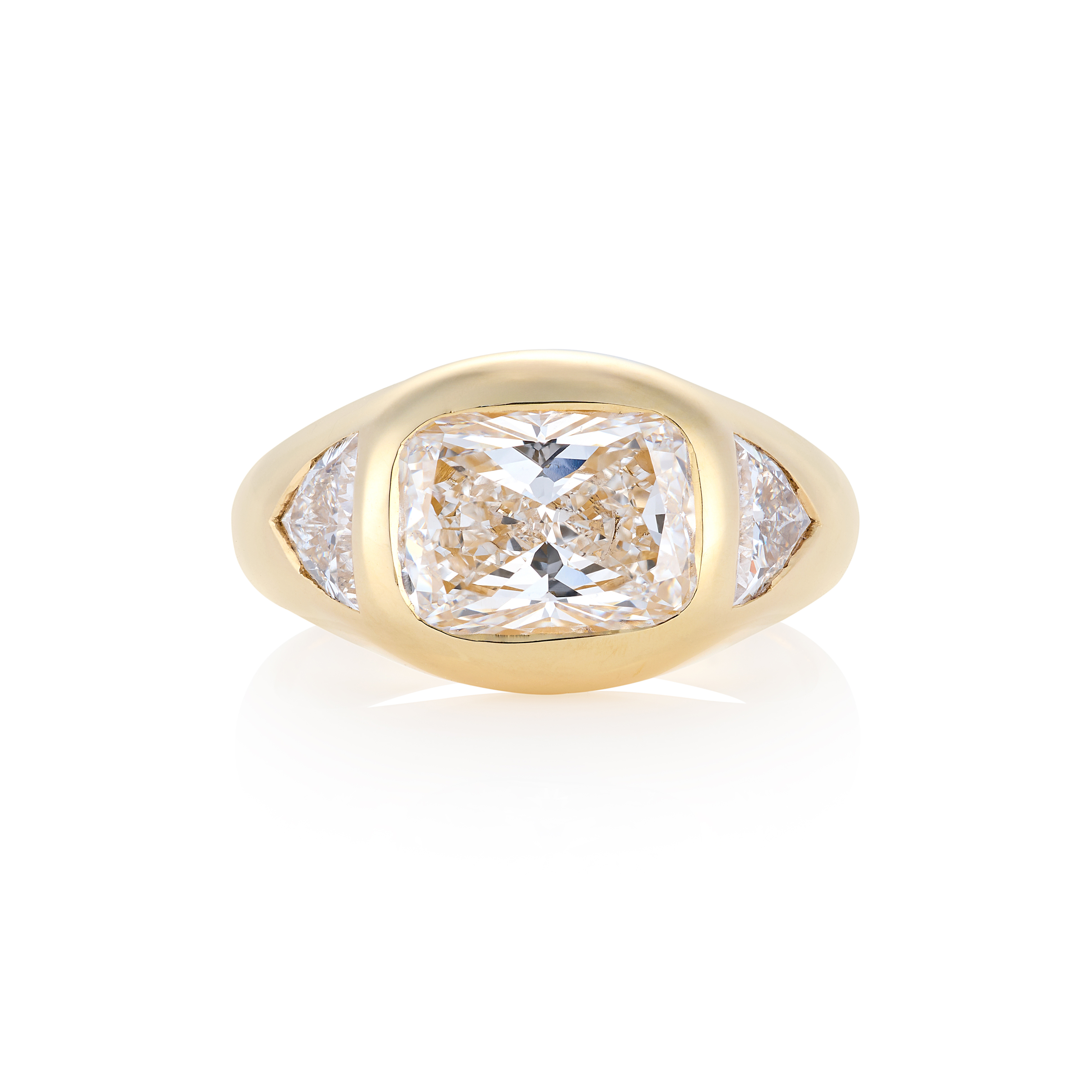 Cushion cut with trillion shoulders, lying flat white background