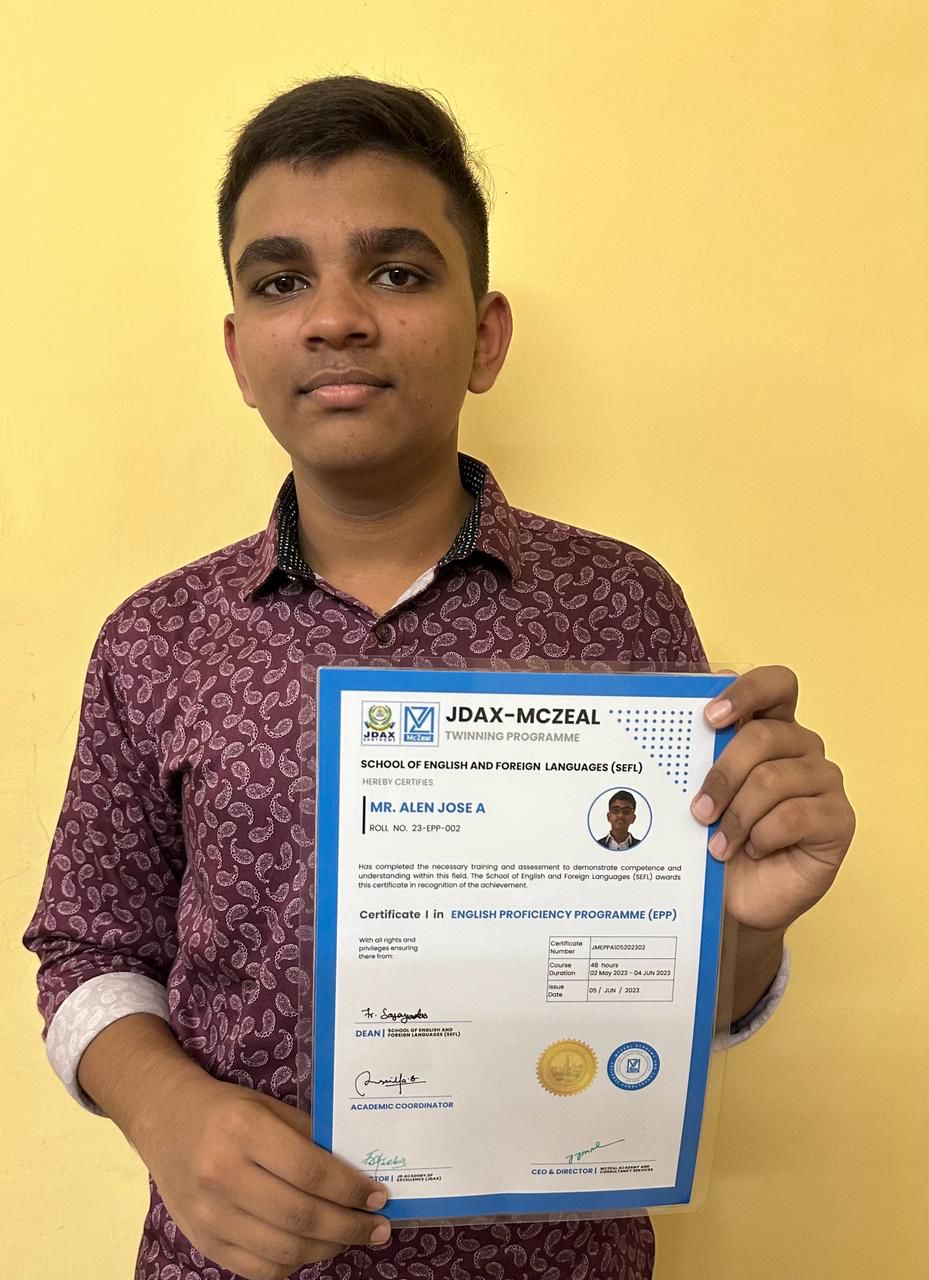 Student Alen Jose A with Certificate