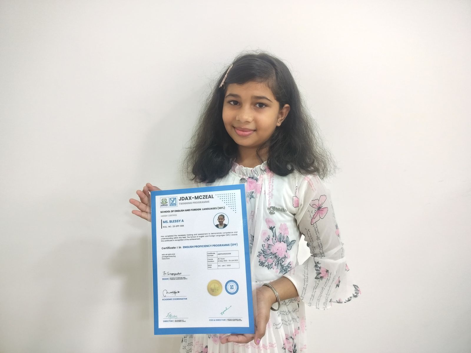 Student Blessy A with Certificate
