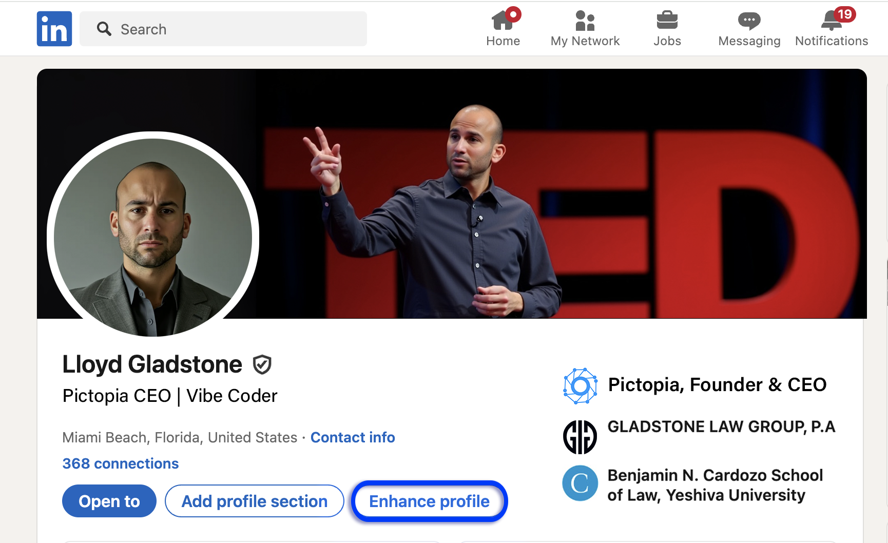 LinkedIn profile for Lloyd Gladstone, Pictopia CEO, showing an enhanced professional headshot alongside the same person giving a TED talk